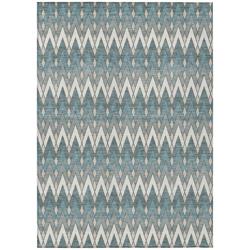 Teal blue and ivory geometric chevron area rug, full rug view