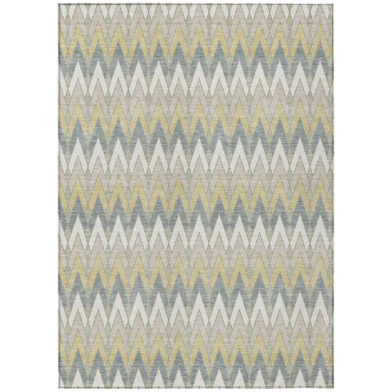 Rectangular ivory area rug with repeating chevron zigzag pattern in blue, green, yellow