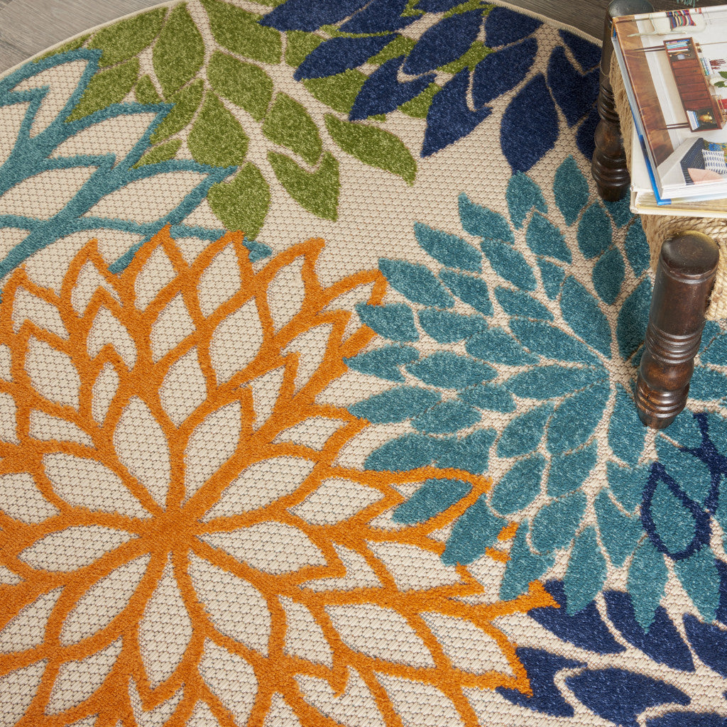 4' Ivory And Blue Round Indoor Outdoor Area Rug - Outdoor