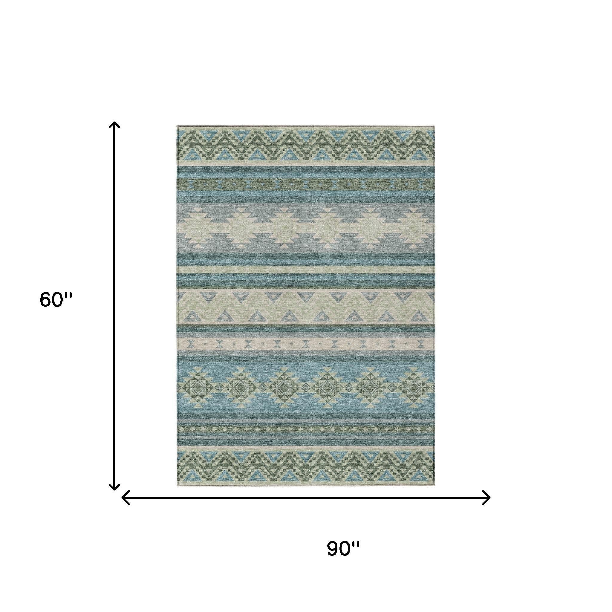 5' X 8' Teal Blue And Beige Southwestern Washable Indoor Outdoor Area Rug - Sports & Outdoor