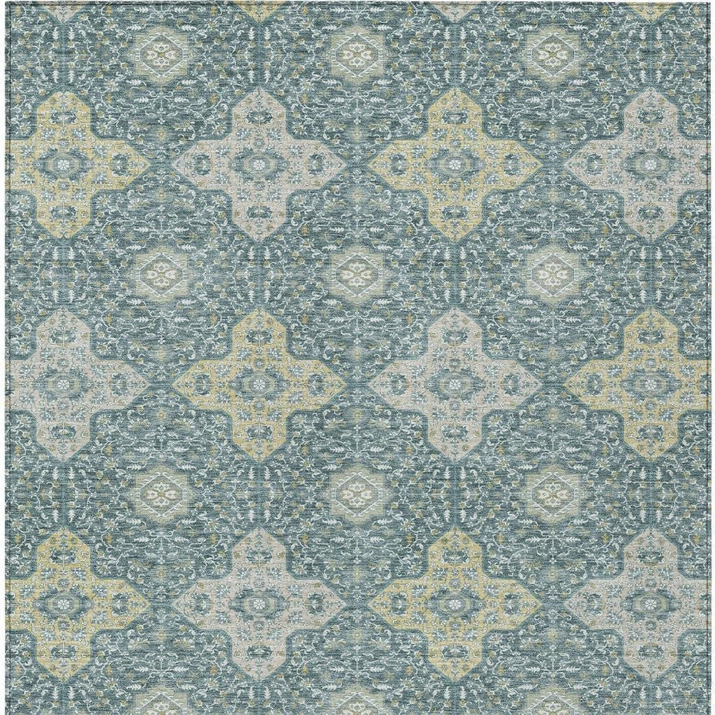 3' X 5' Teal Blue And Silver Damask Washable Indoor Outdoor Area Rug - Sports & Outdoor