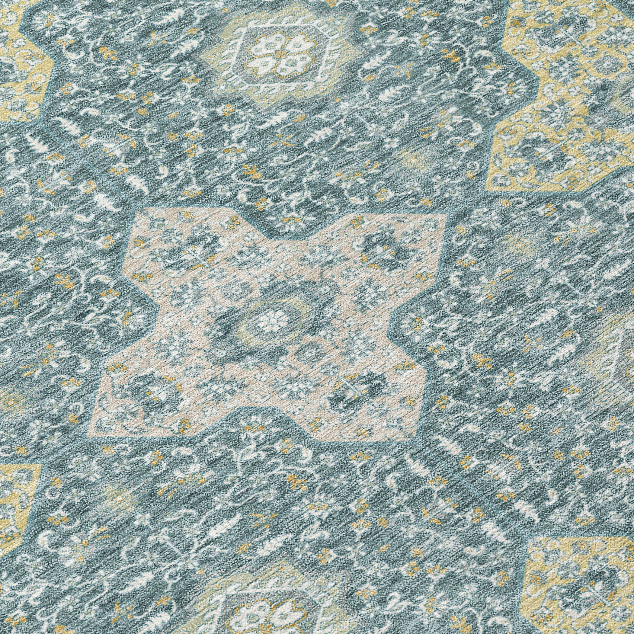 3' X 5' Teal Blue And Silver Damask Washable Indoor Outdoor Area Rug - Sports & Outdoor