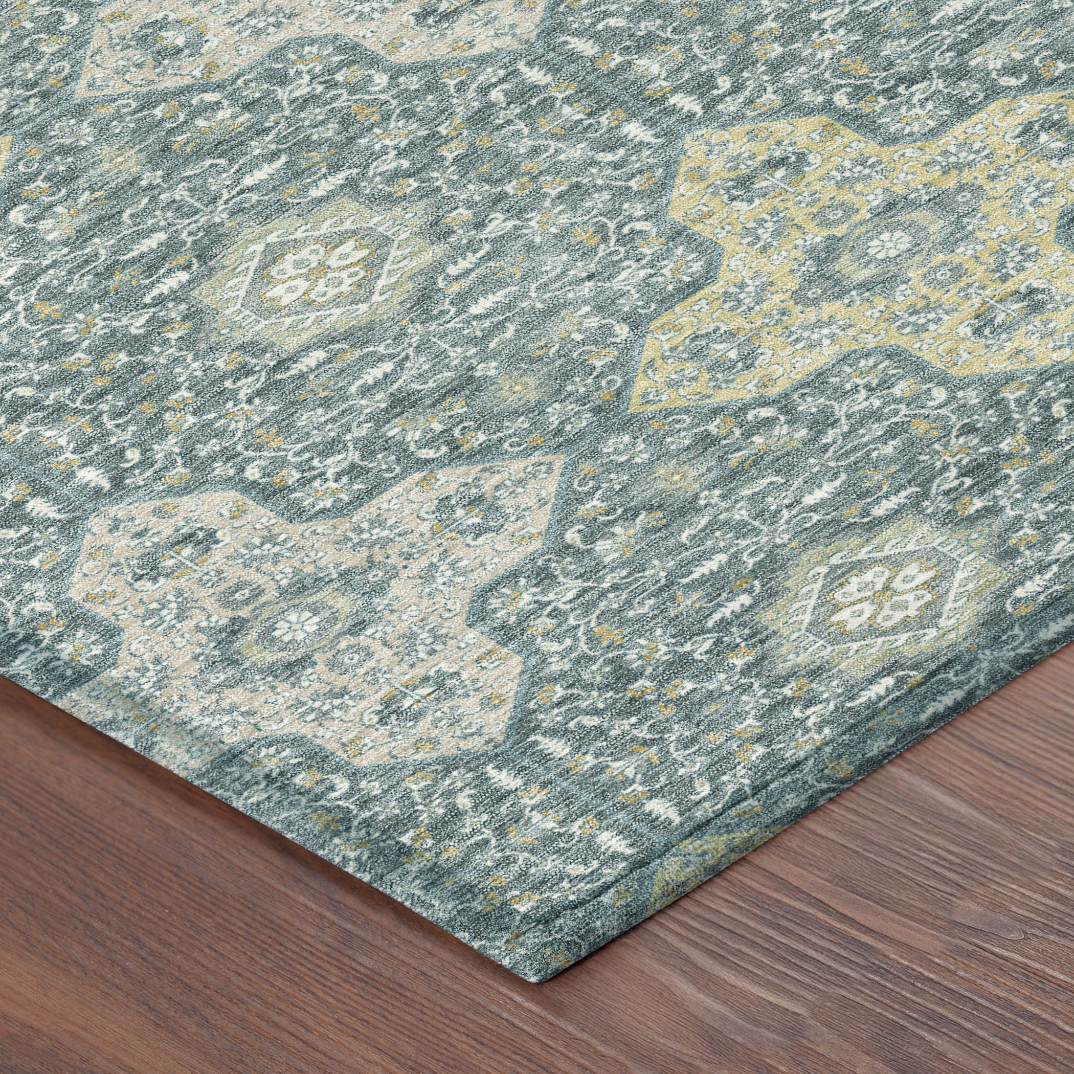 3' X 5' Teal Blue And Silver Damask Washable Indoor Outdoor Area Rug - Sports & Outdoor