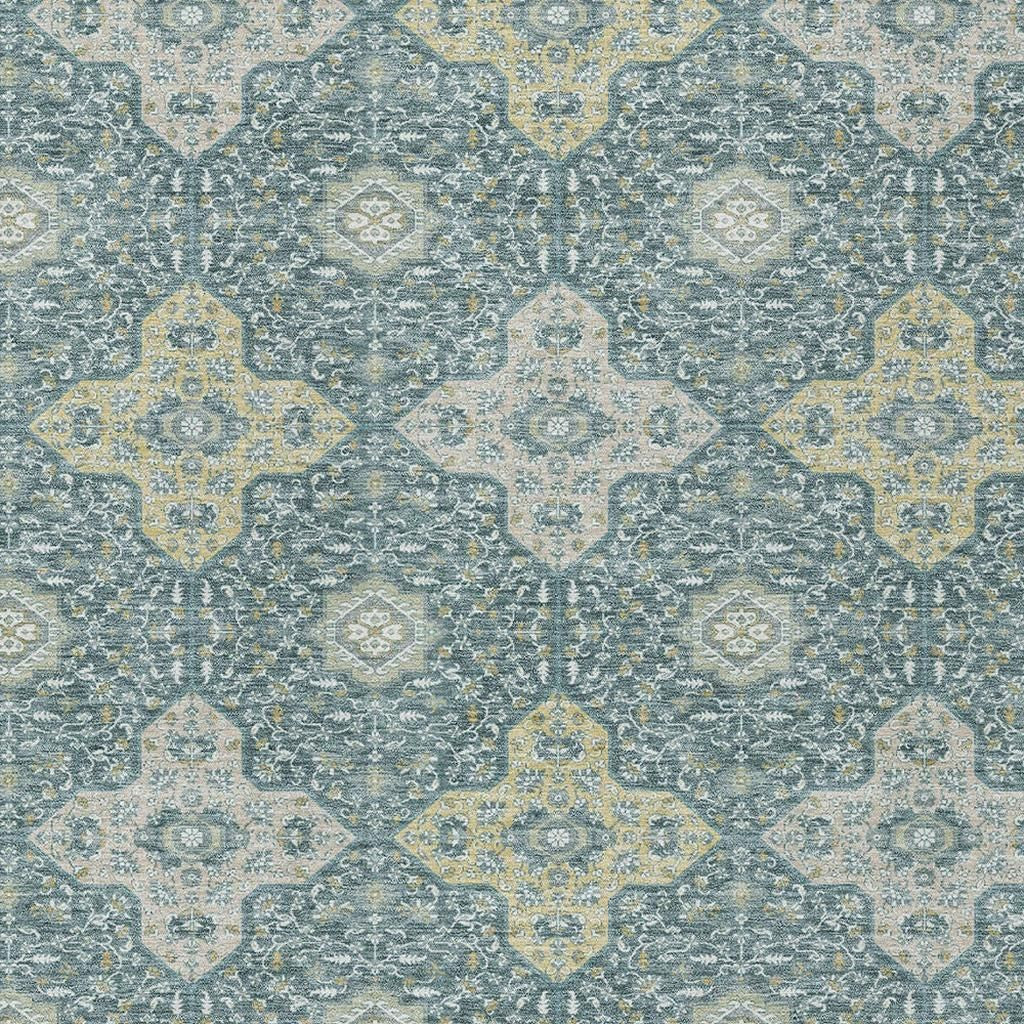 3' X 5' Teal Blue And Silver Damask Washable Indoor Outdoor Area Rug - Sports & Outdoor