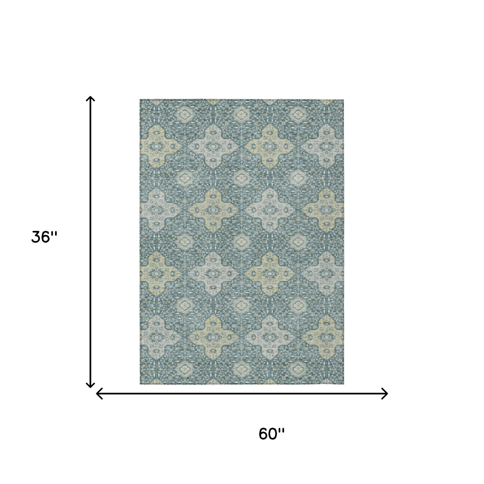 3' X 5' Teal Blue And Silver Damask Washable Indoor Outdoor Area Rug - Sports & Outdoor