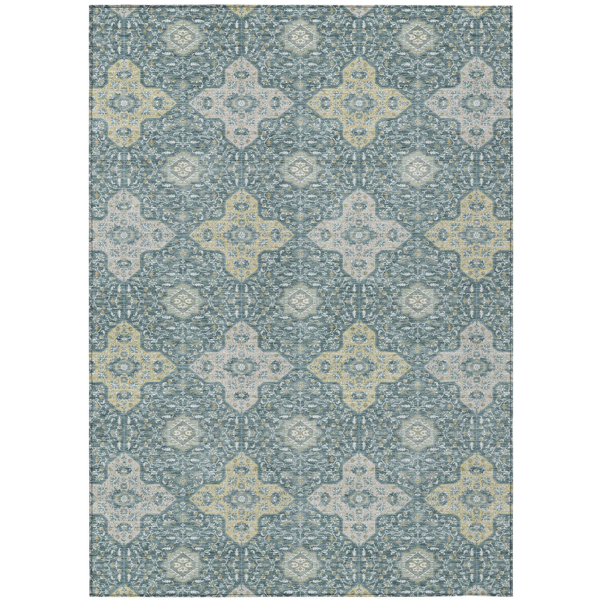 3' X 5' Teal Blue And Silver Damask Washable Indoor Outdoor Area Rug - Sports & Outdoor