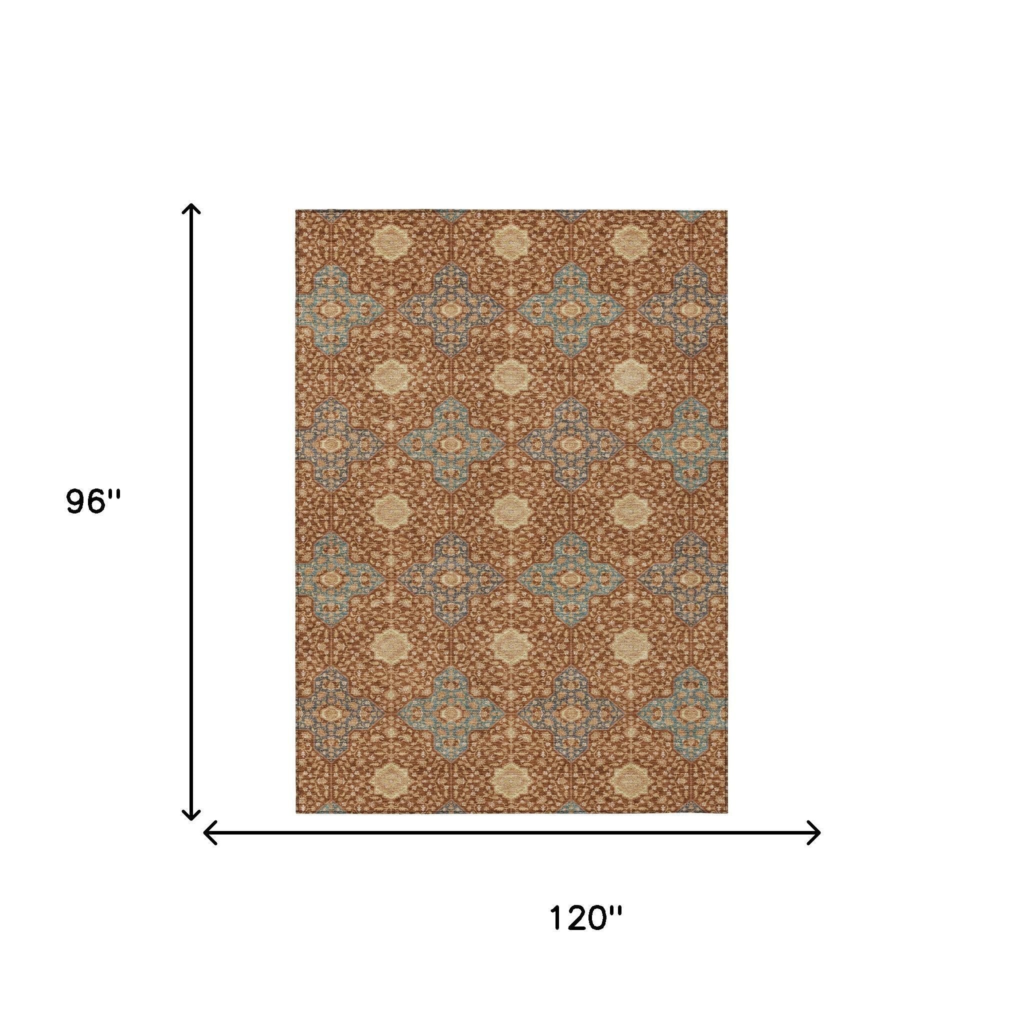 8' X 10' Orange And Teal Blue Damask Washable Indoor Outdoor Area Rug - Sports & Outdoor