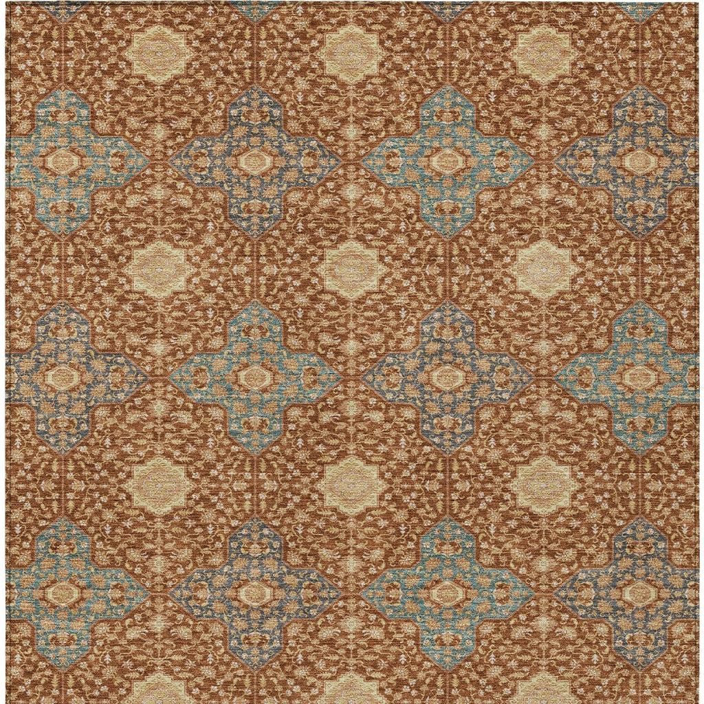 8' X 10' Orange And Teal Blue Damask Washable Indoor Outdoor Area Rug - Sports & Outdoor