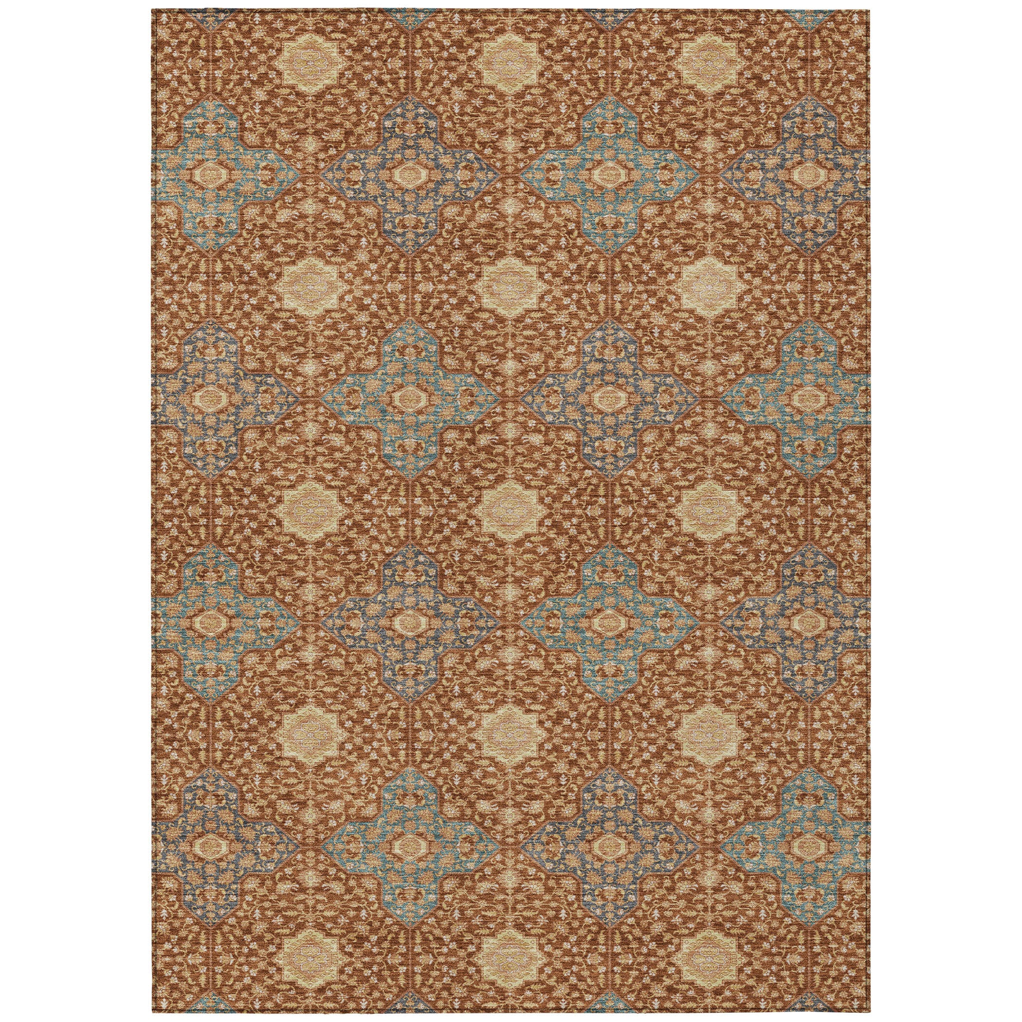8' X 10' Orange And Teal Blue Damask Washable Indoor Outdoor Area Rug - Sports & Outdoor