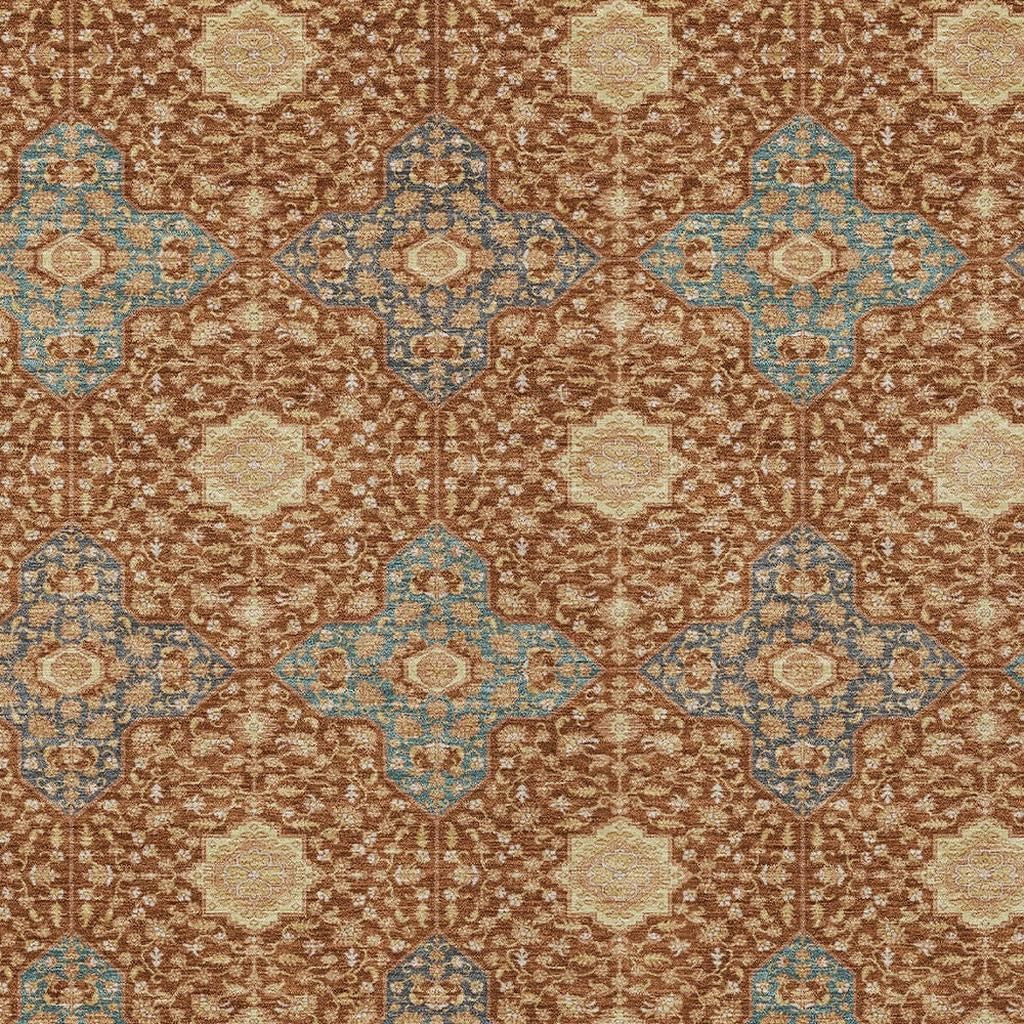 8' X 10' Orange And Teal Blue Damask Washable Indoor Outdoor Area Rug - Sports & Outdoor