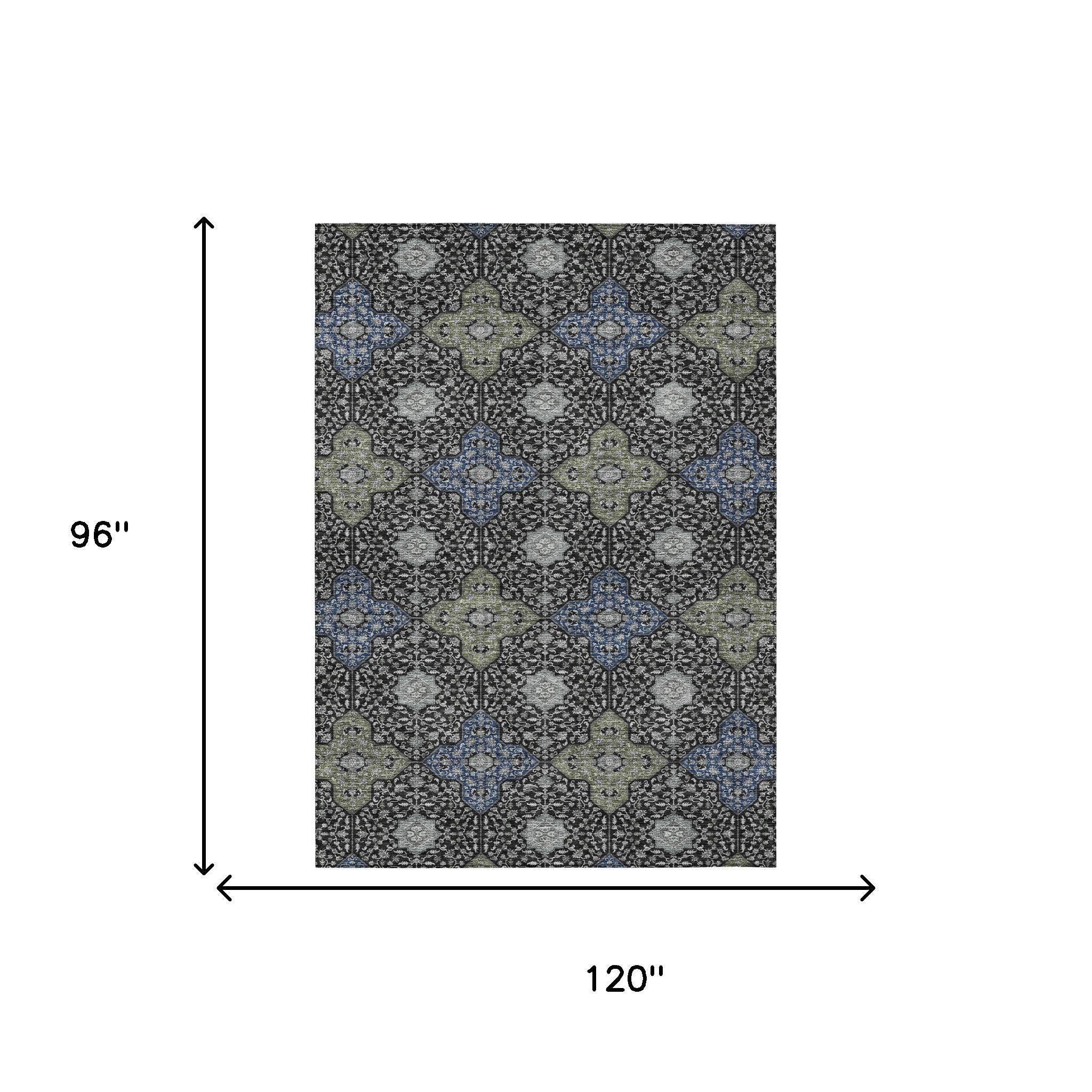 8' X 10' Black And Olive Green Damask Washable Indoor Outdoor Area Rug - Sports & Outdoor