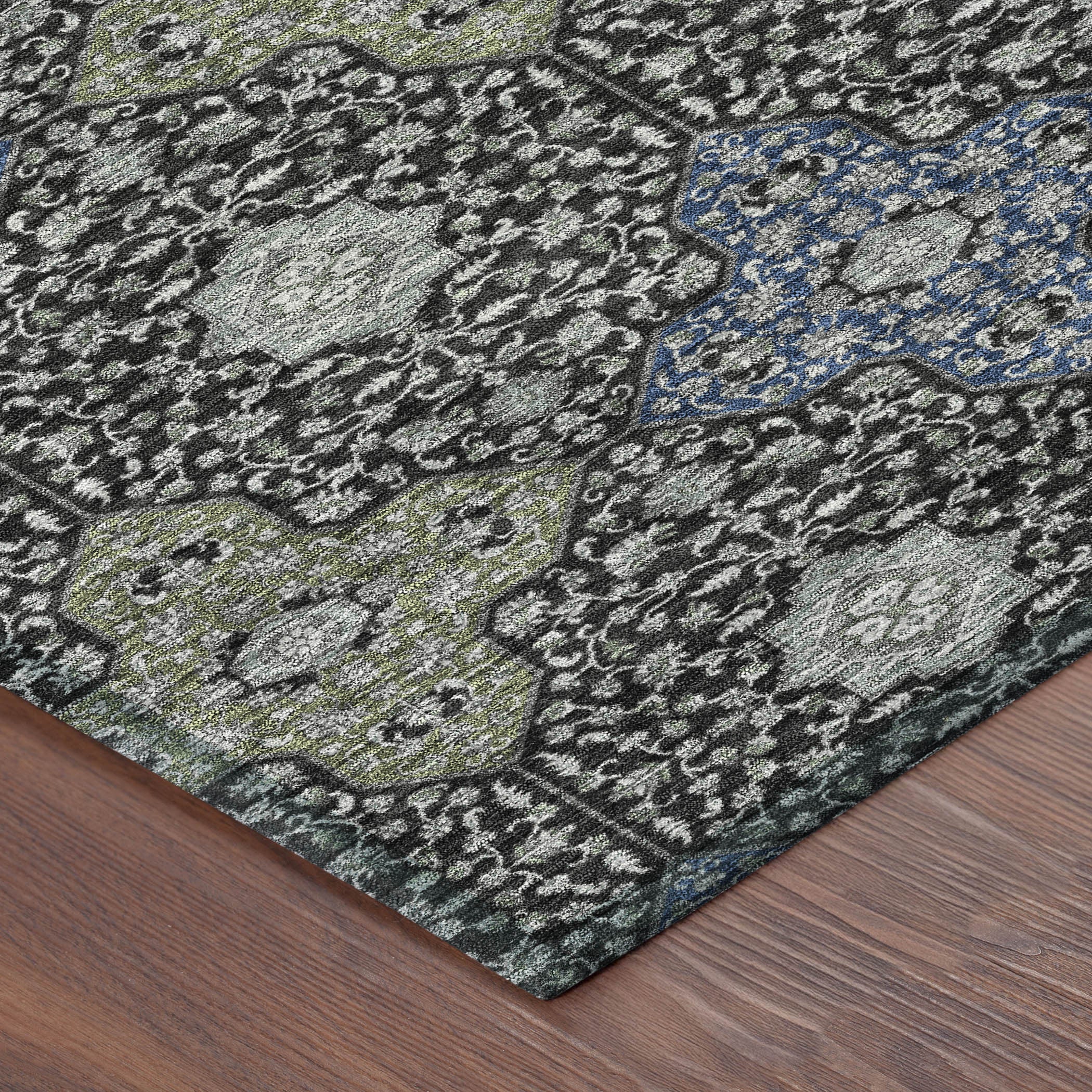8' X 10' Black And Olive Green Damask Washable Indoor Outdoor Area Rug - Sports & Outdoor