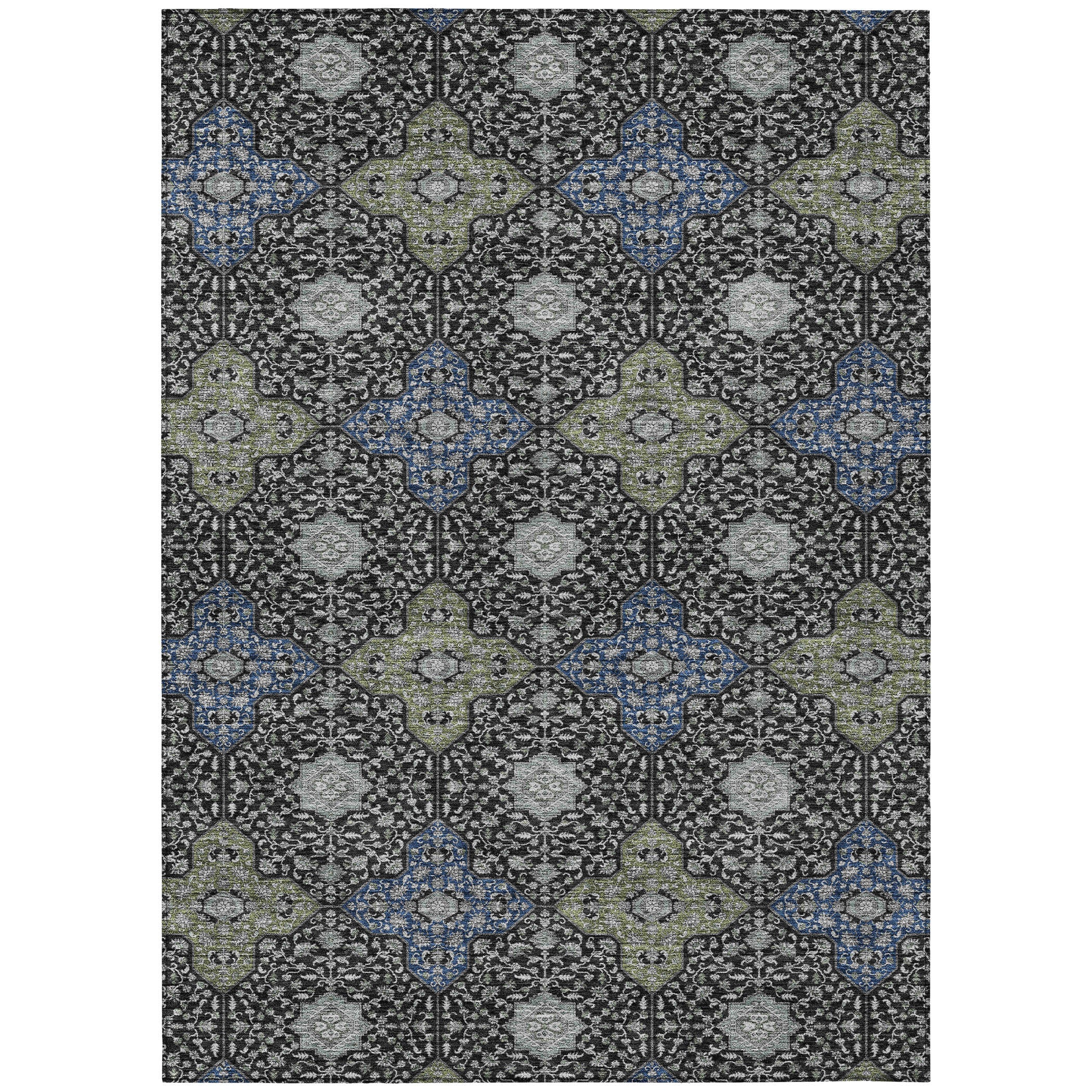 8' X 10' Black And Olive Green Damask Washable Indoor Outdoor Area Rug - Sports & Outdoor