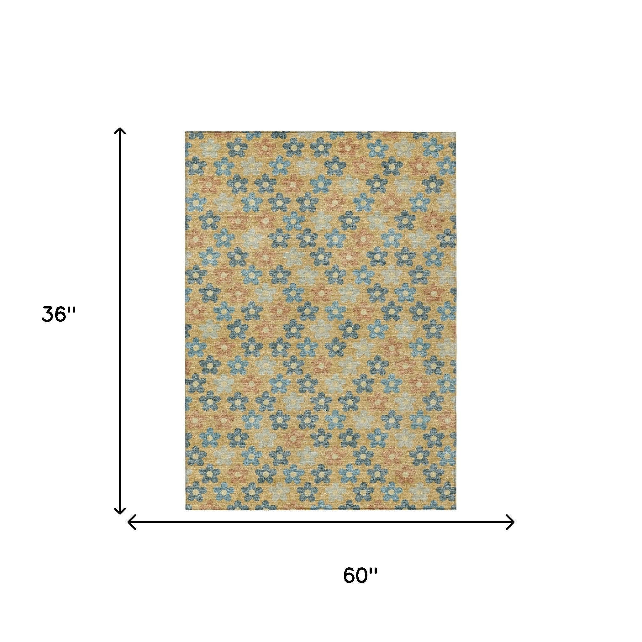 3' X 5' Gold And Copper Floral Washable Indoor Outdoor Area Rug - Sports & Outdoor