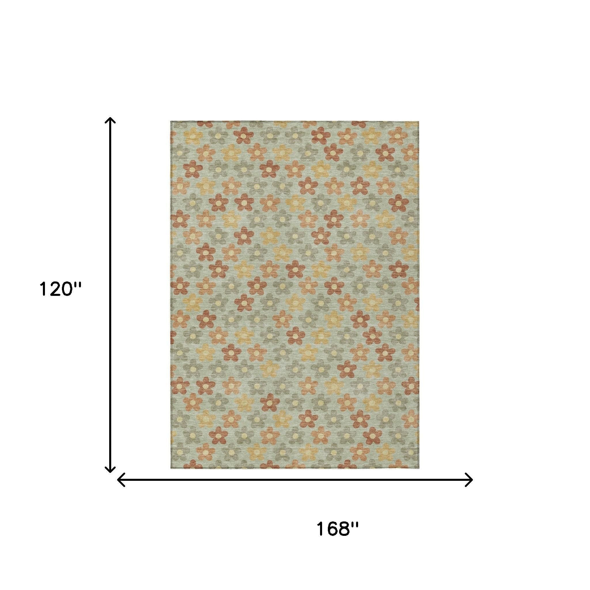 10' X 14' Green And Orange Floral Washable Indoor Outdoor Area Rug - Sports & Outdoor