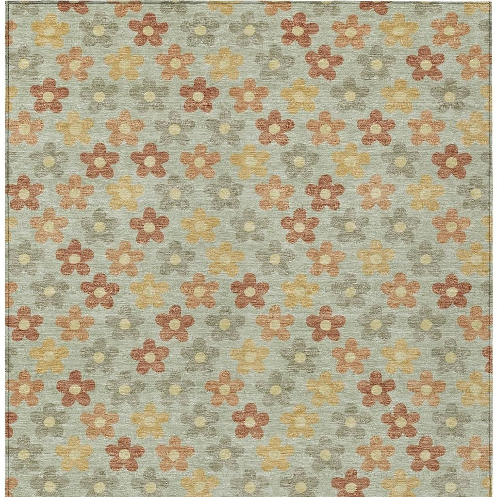 10' X 14' Green And Orange Floral Washable Indoor Outdoor Area Rug - Sports & Outdoor