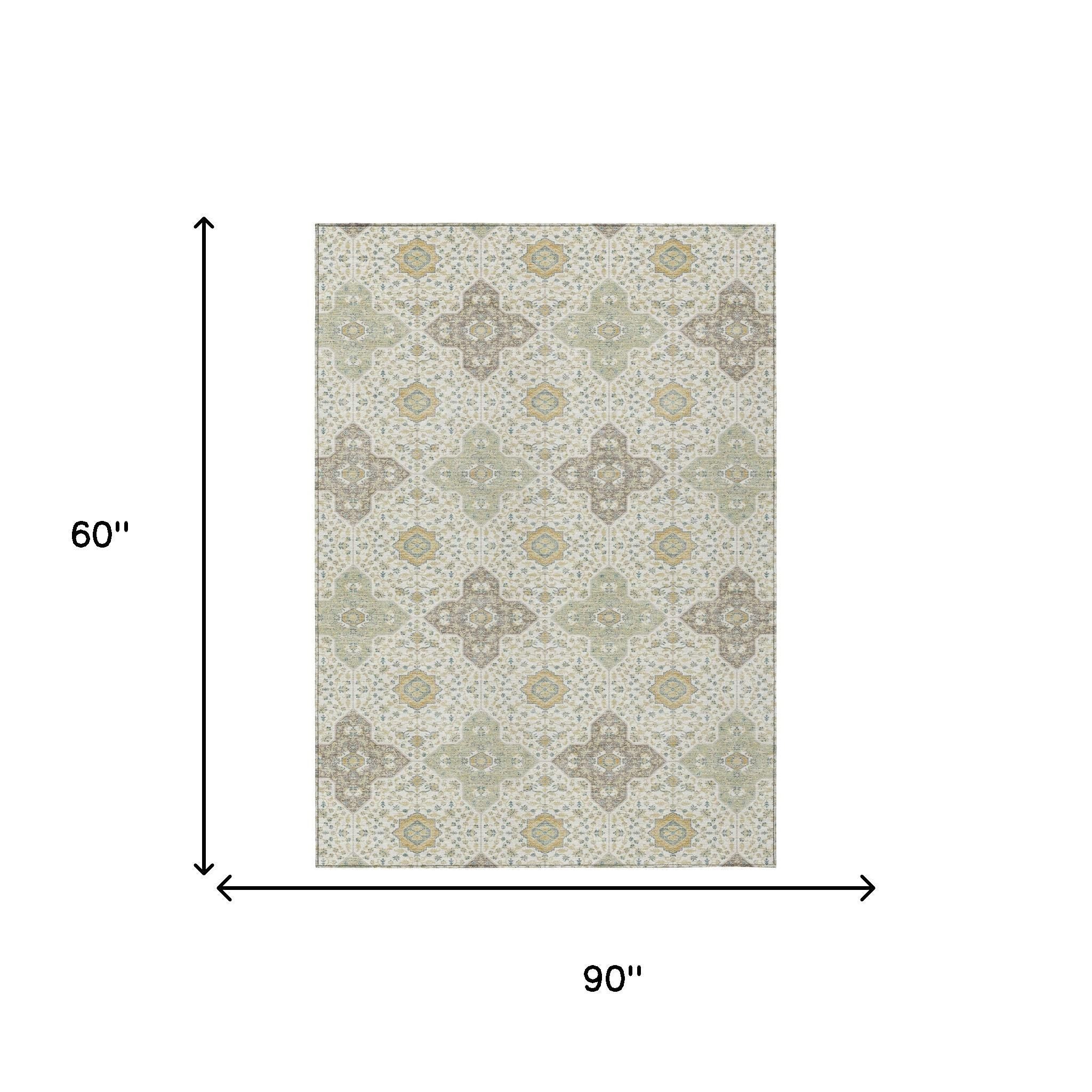 5' X 8' Ivory And Brown Damask Washable Indoor Outdoor Area Rug - Sports & Outdoor