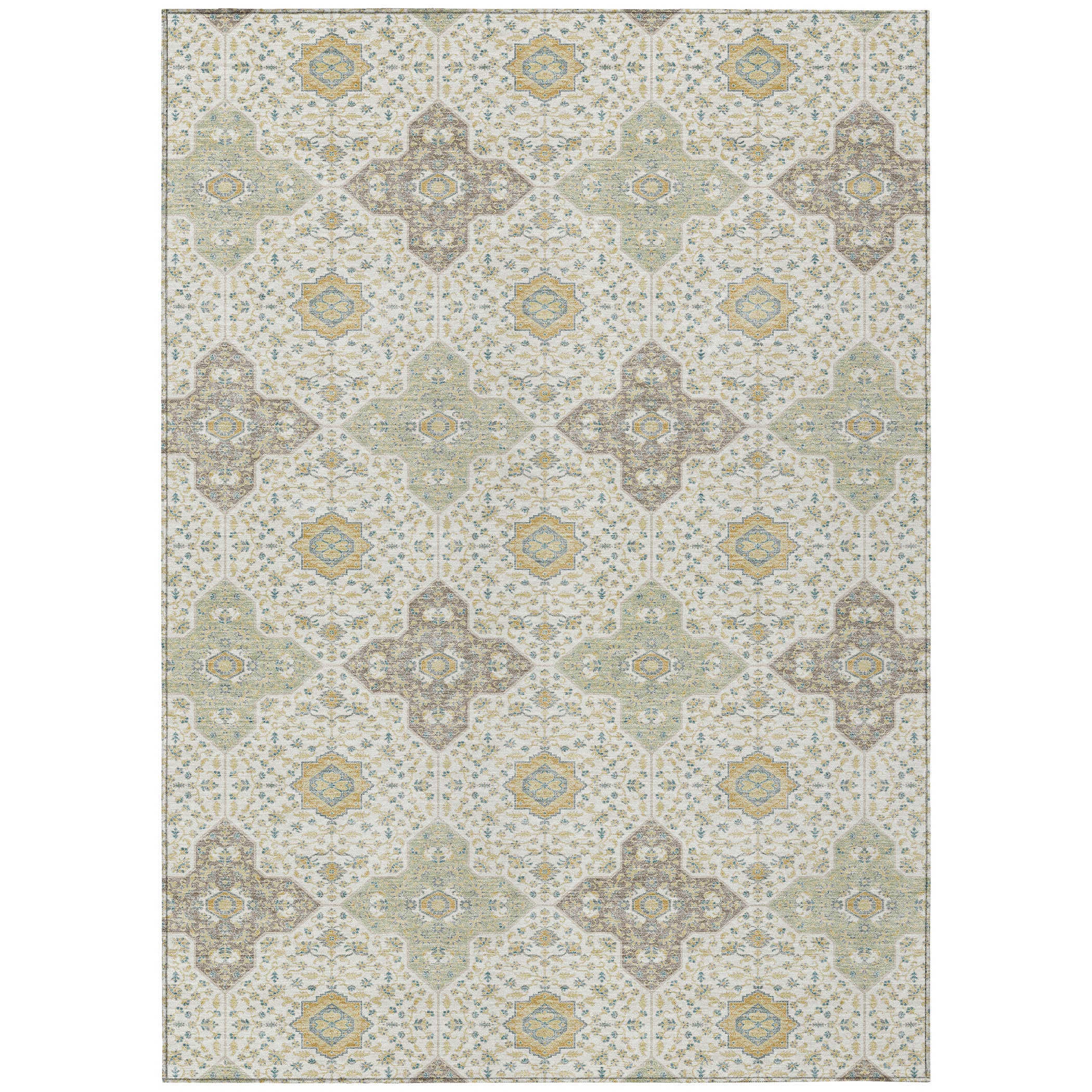 5' X 8' Ivory And Brown Damask Washable Indoor Outdoor Area Rug - Sports & Outdoor