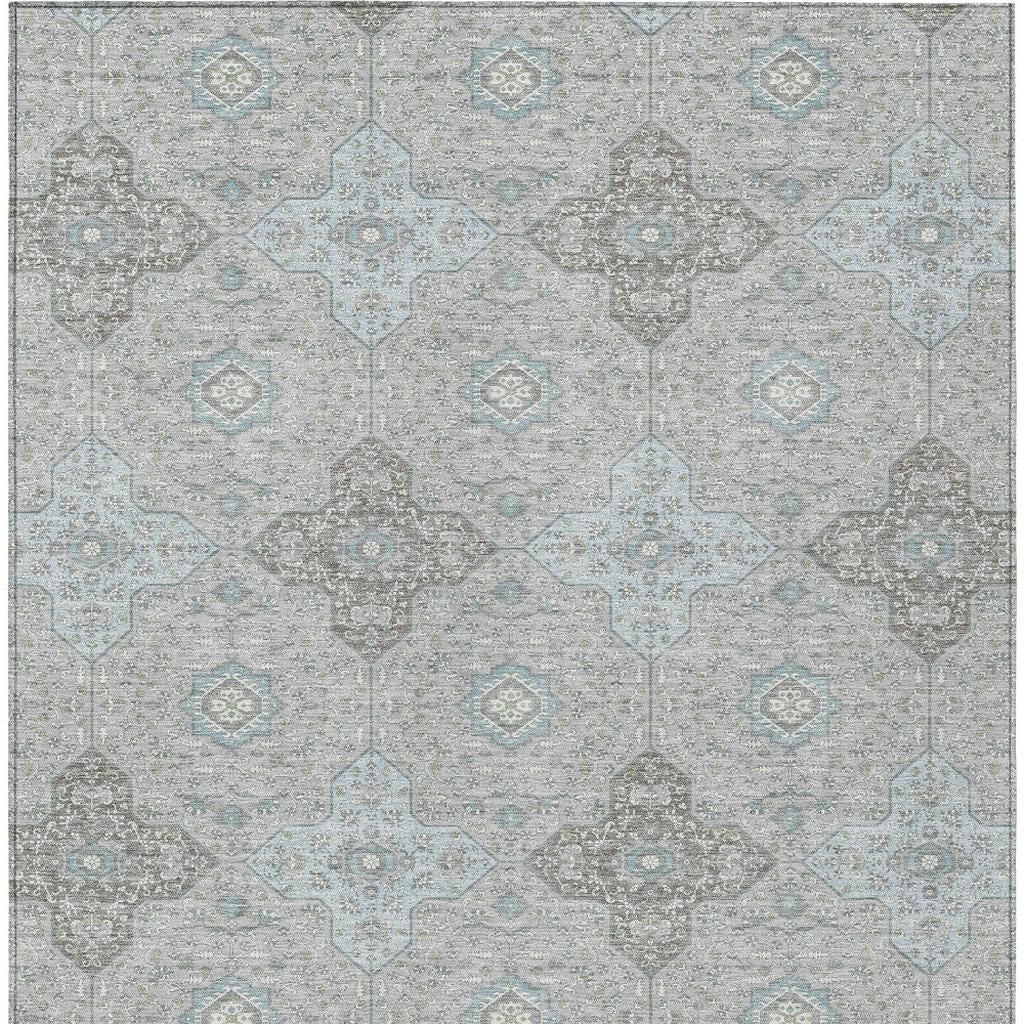 8' X 10' Silver And Brown Damask Washable Indoor Outdoor Area Rug - Sports & Outdoor