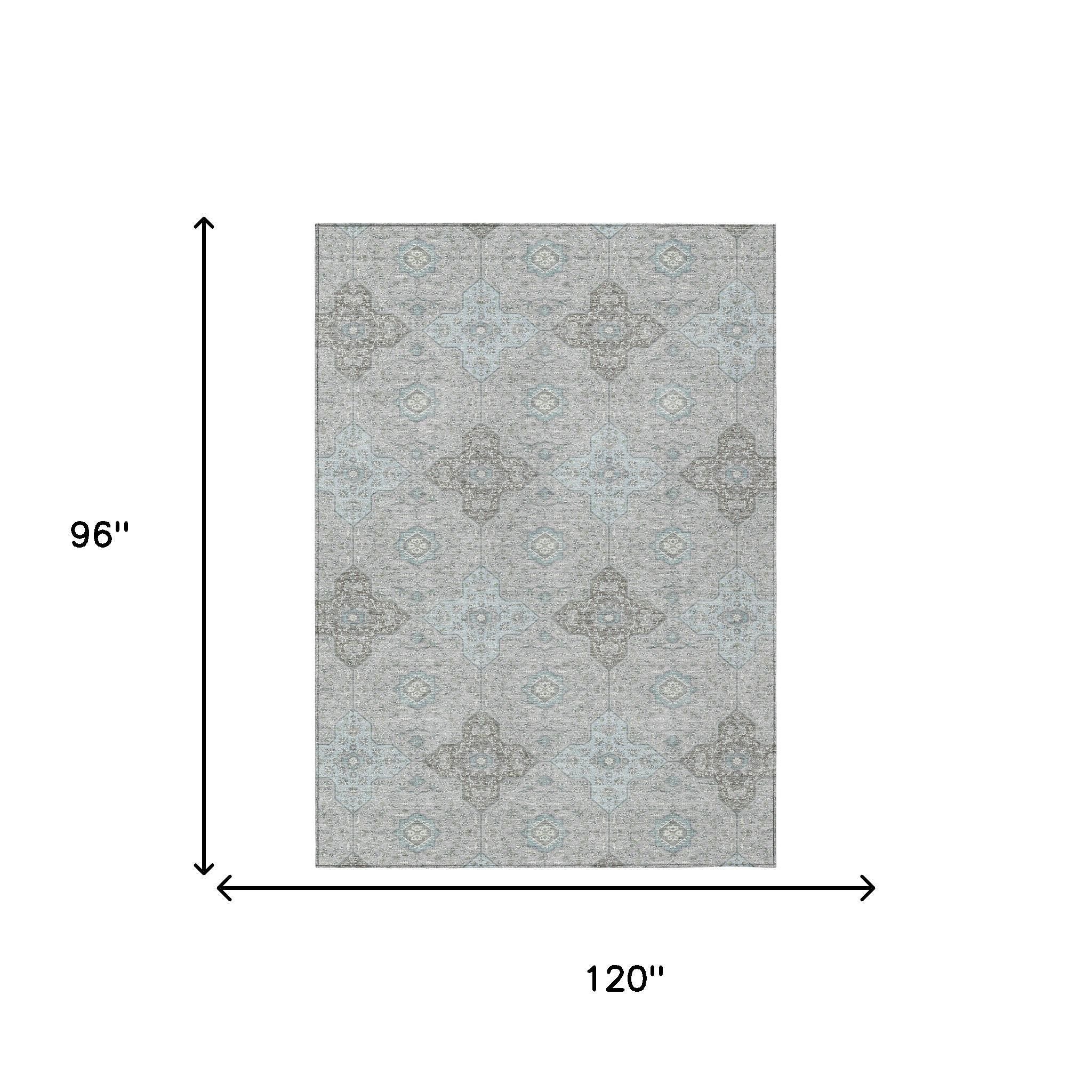 8' X 10' Silver And Brown Damask Washable Indoor Outdoor Area Rug - Sports & Outdoor