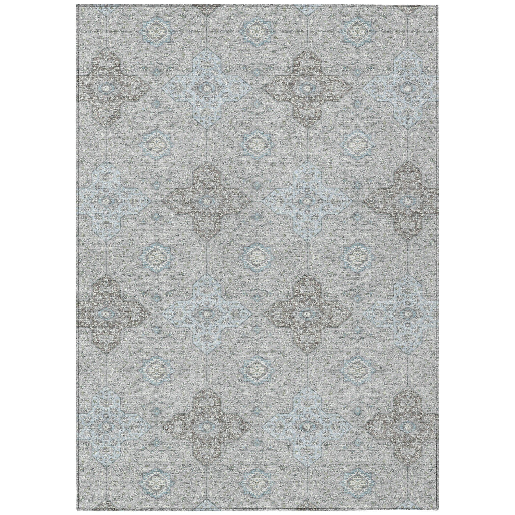 8' X 10' Silver And Brown Damask Washable Indoor Outdoor Area Rug - Sports & Outdoor