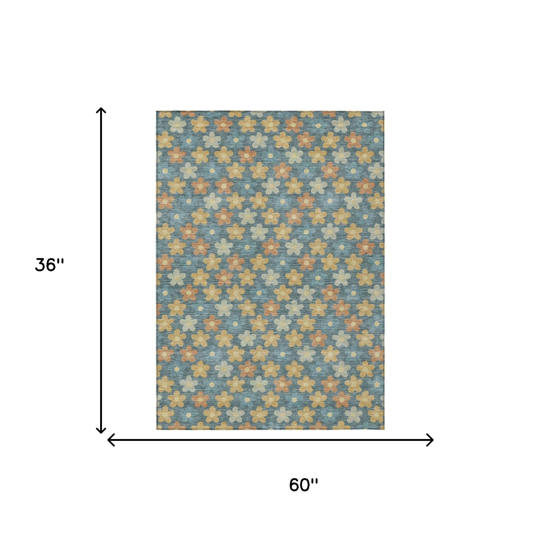 3' X 5' Teal Blue And Copper Floral Washable Indoor Outdoor Area Rug - Sports & Outdoor