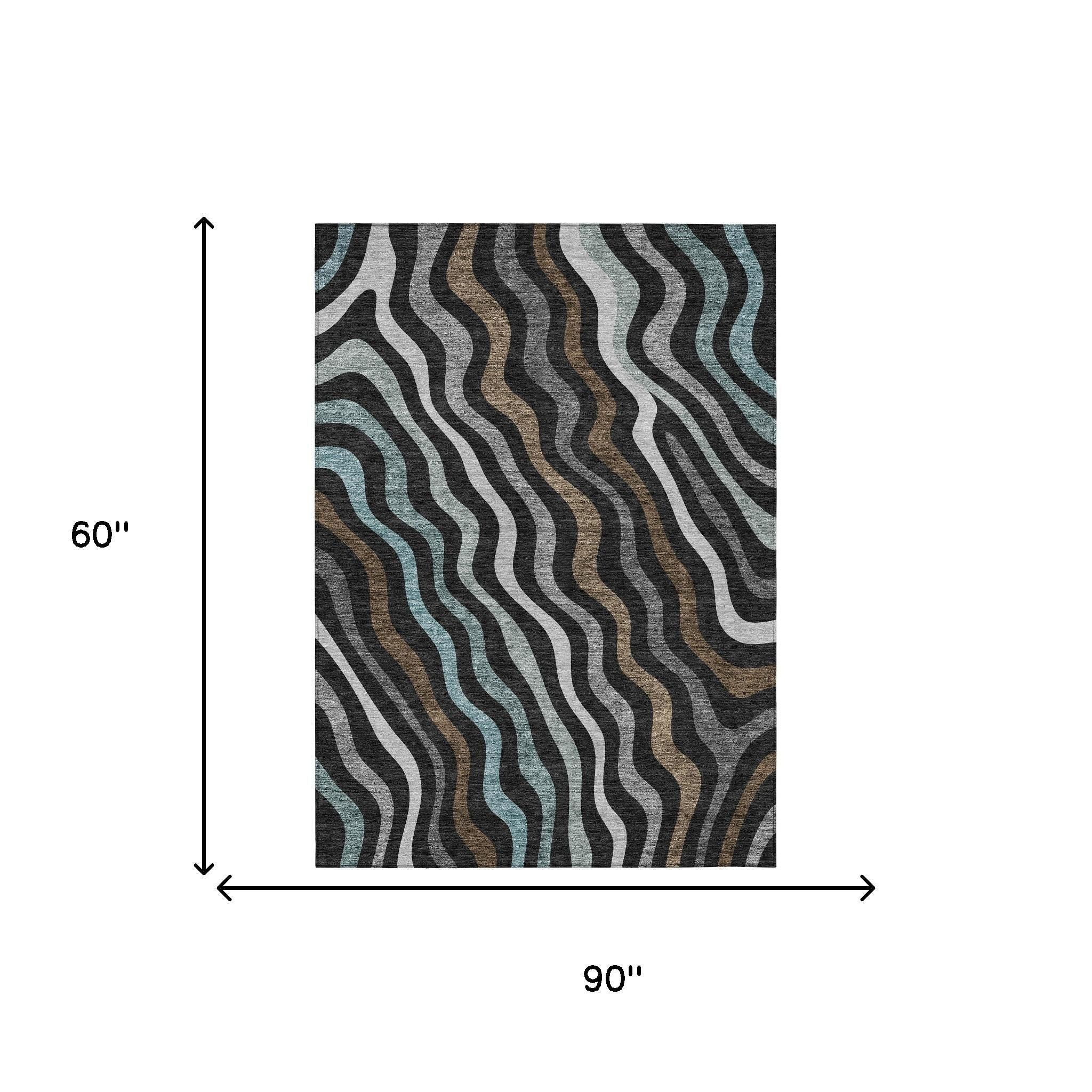 5' X 8' Black And Chocolate Abstract Washable Indoor Outdoor Area Rug - Sports & Outdoor