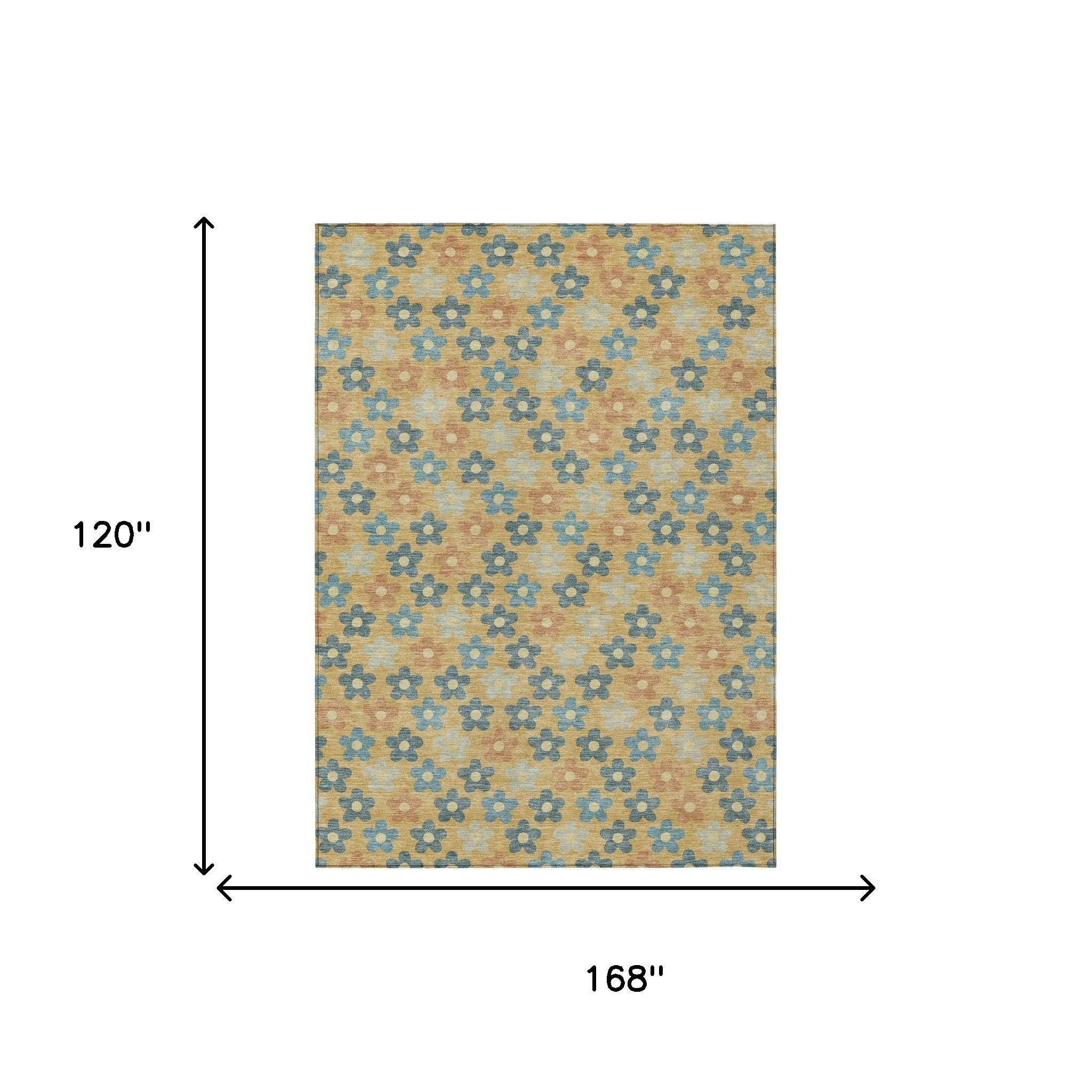 10' X 14' Gold And Copper Floral Washable Indoor Outdoor Area Rug - Sports & Outdoor
