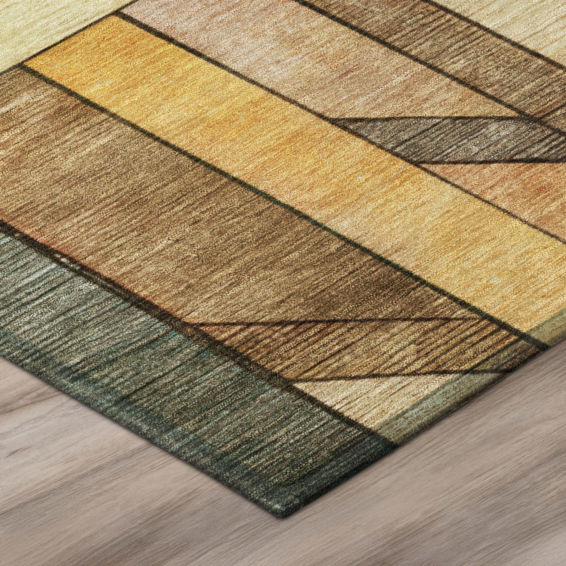Geometric area rug corner view with striped bands and multicolor block design