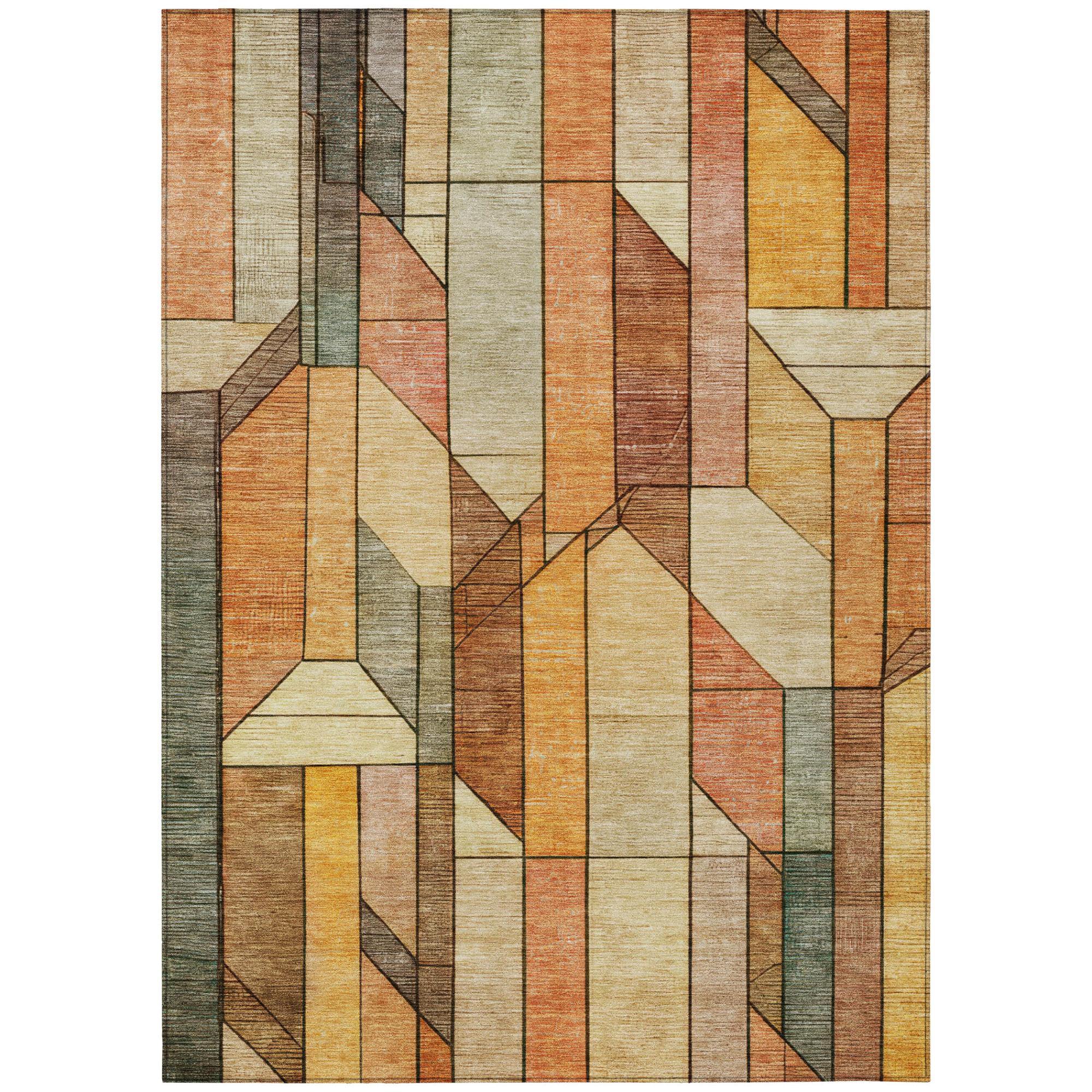 Geometric area rug with full brick-block design in orange, copper, cream, and gray