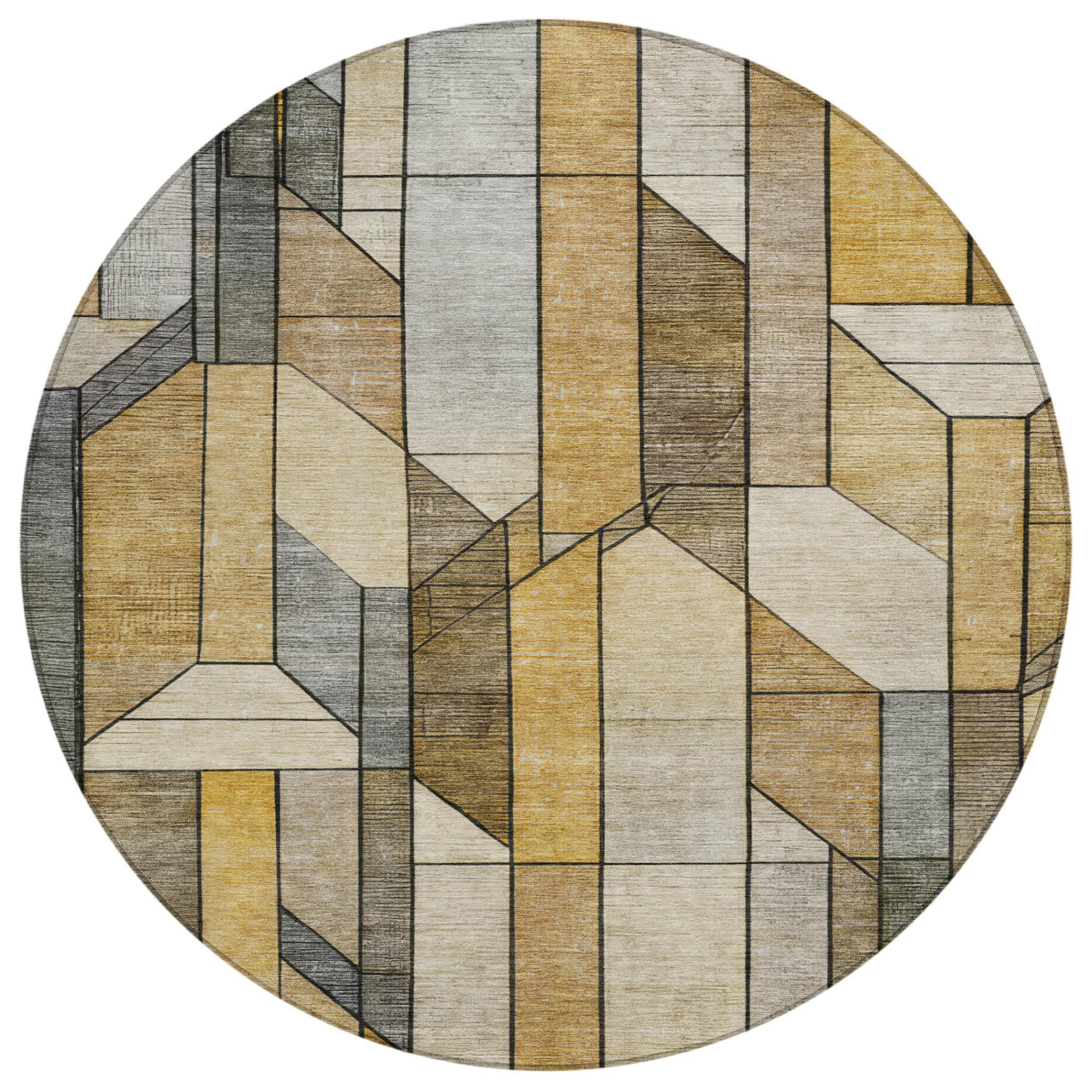 Round rug with geometric block design in tan, beige, brown, and gray