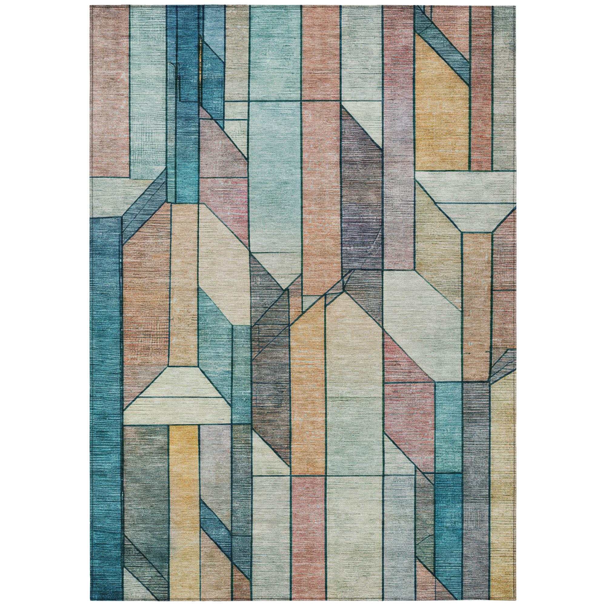 Geometric area rug with multicolor rectangle grid and textured pattern, borderless