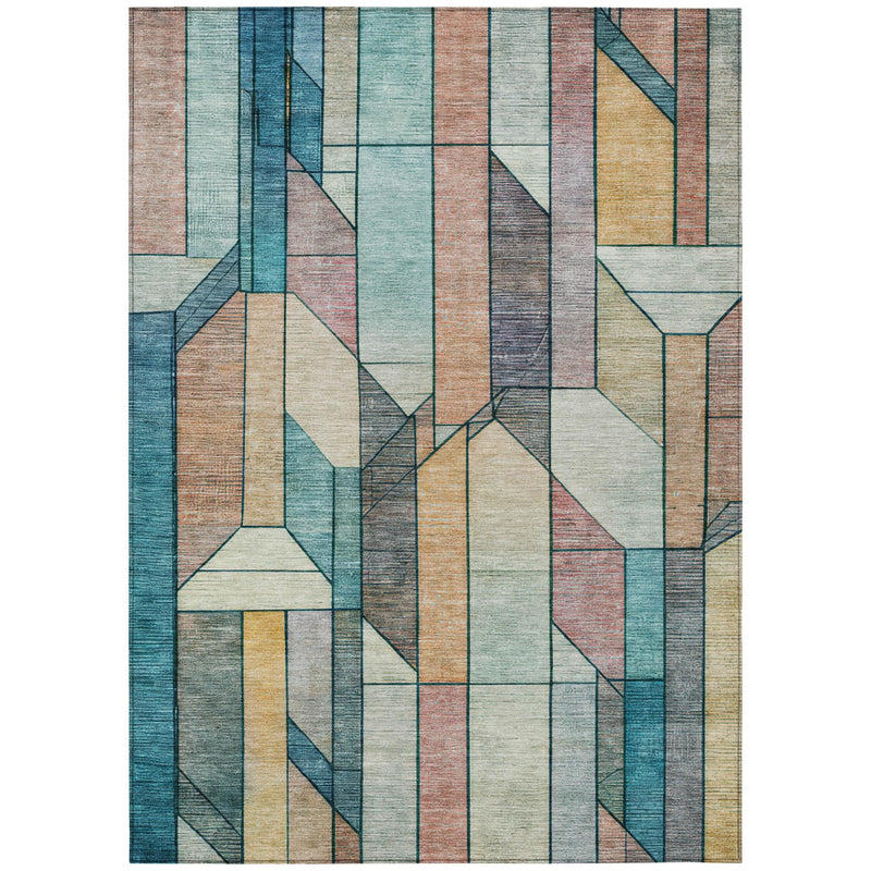 Geometric area rug with multicolor rectangle grid and textured pattern, borderless