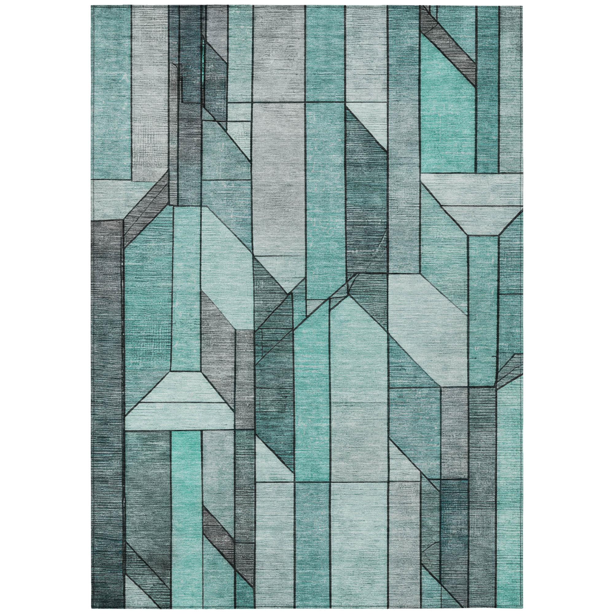 Full view geometric area rug with aqua, teal, gray, and white block pattern