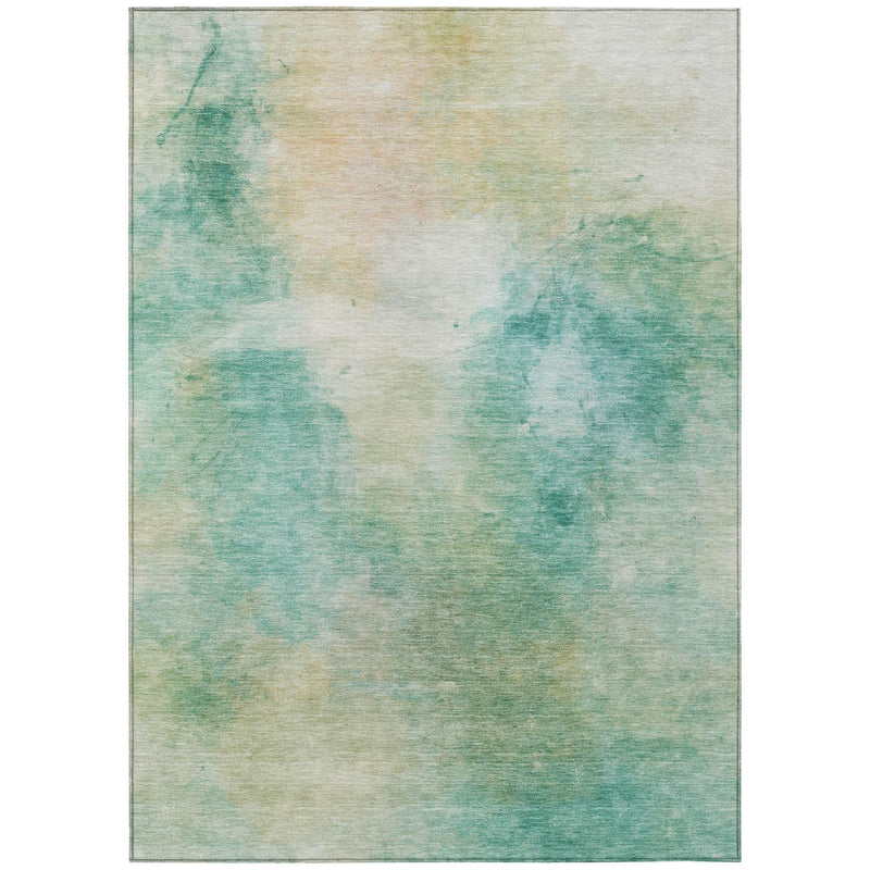 Flat-lay abstract area rug with teal-green splashes and beige undertones.
