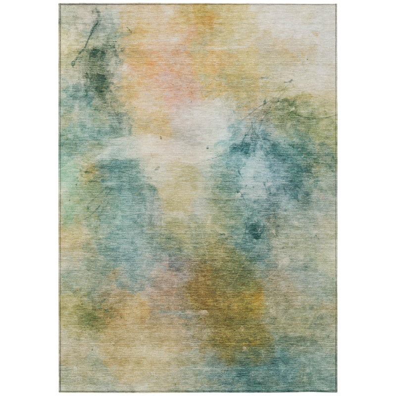Abstract area rug with cream base and teal-blue and peach accents, indoor/outdoor washable