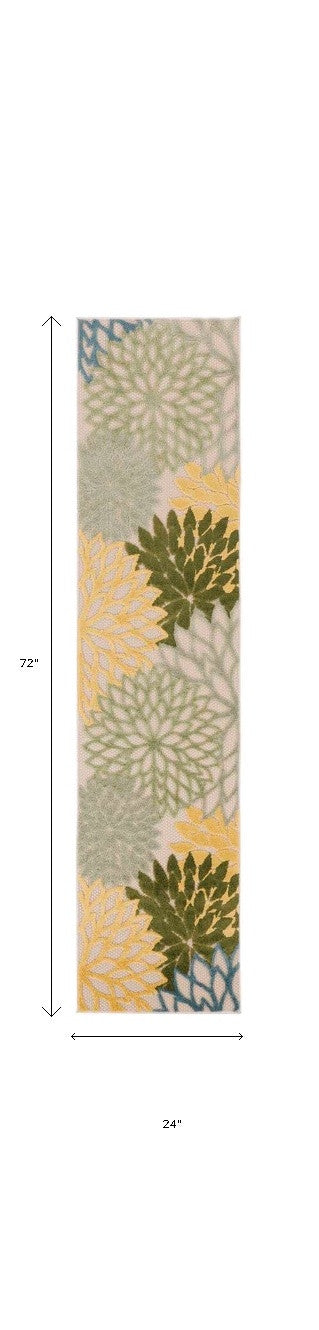 6' Dark Green Yellow And Blue Floral Indoor Outdoor Runner Rug - Outdoor