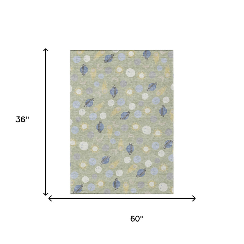 Geometric area rug, 60 in x 36 in, light green with dots and leaf shapes
