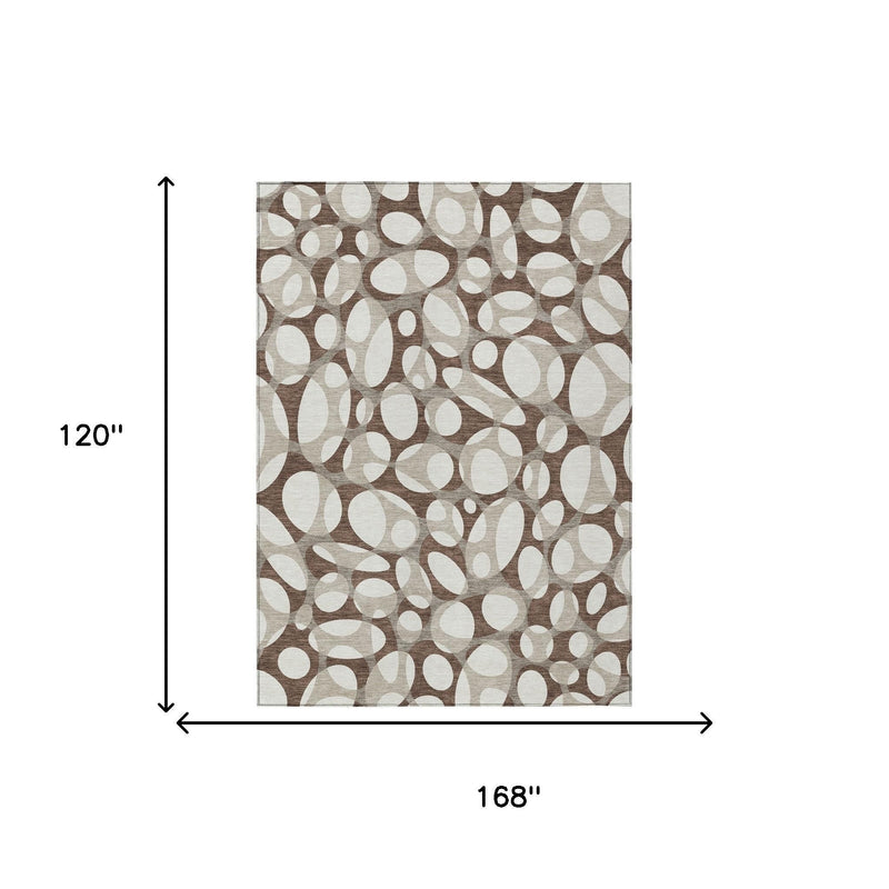 10x14 ft abstract area rug in chocolate brown and beige, oval pattern