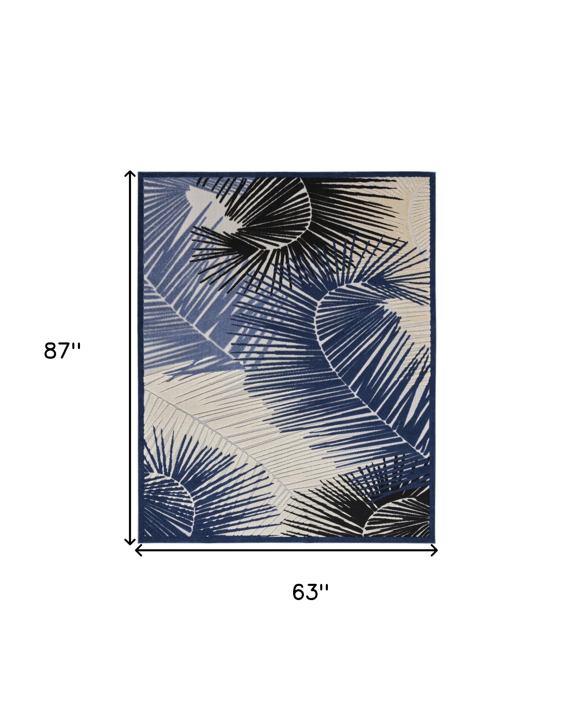 5' X 7' Navy Blue Ivory And Black Palm Leaf Indoor Outdoor Area Rug - Outdoor