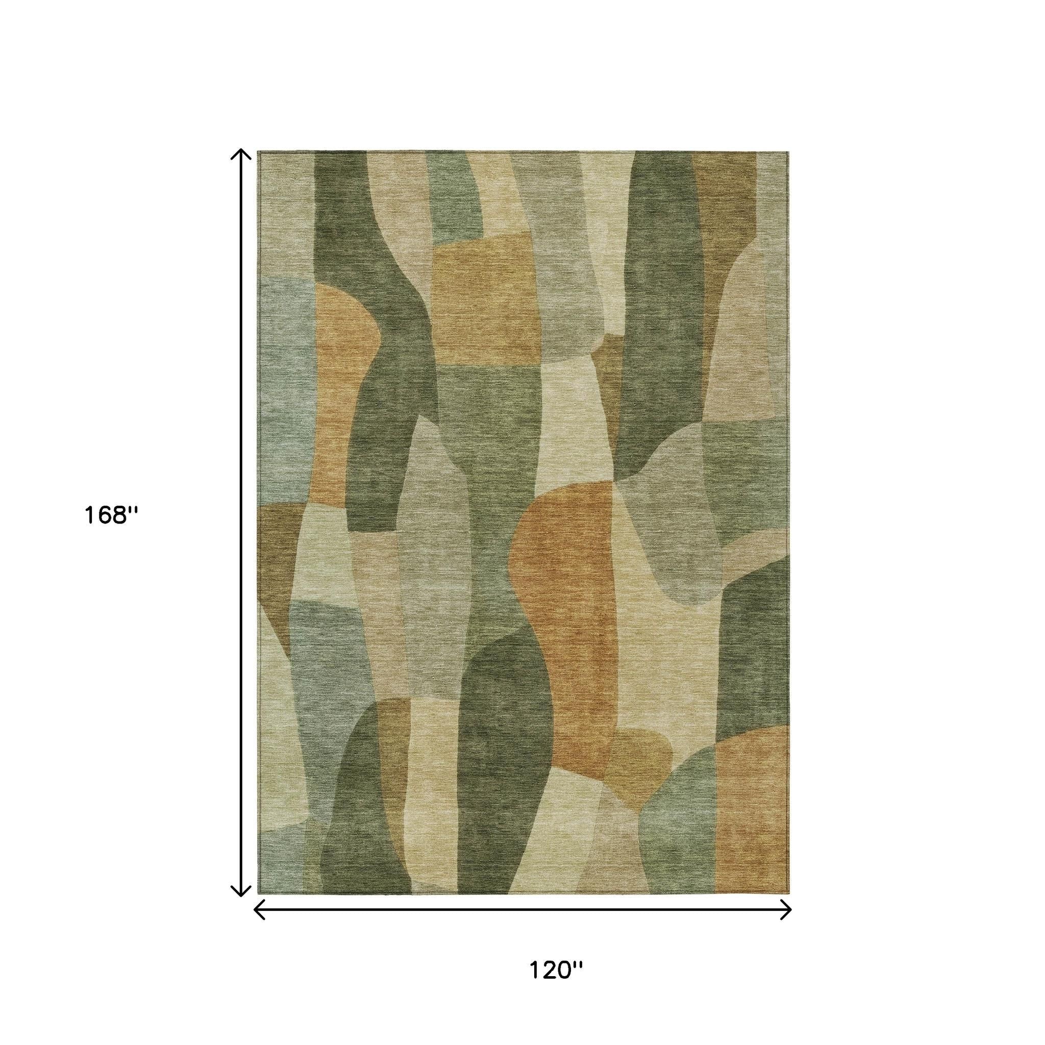 10' X 14' Fern Green And Gold Abstract Washable Indoor Outdoor Area Rug - Sports & Outdoor