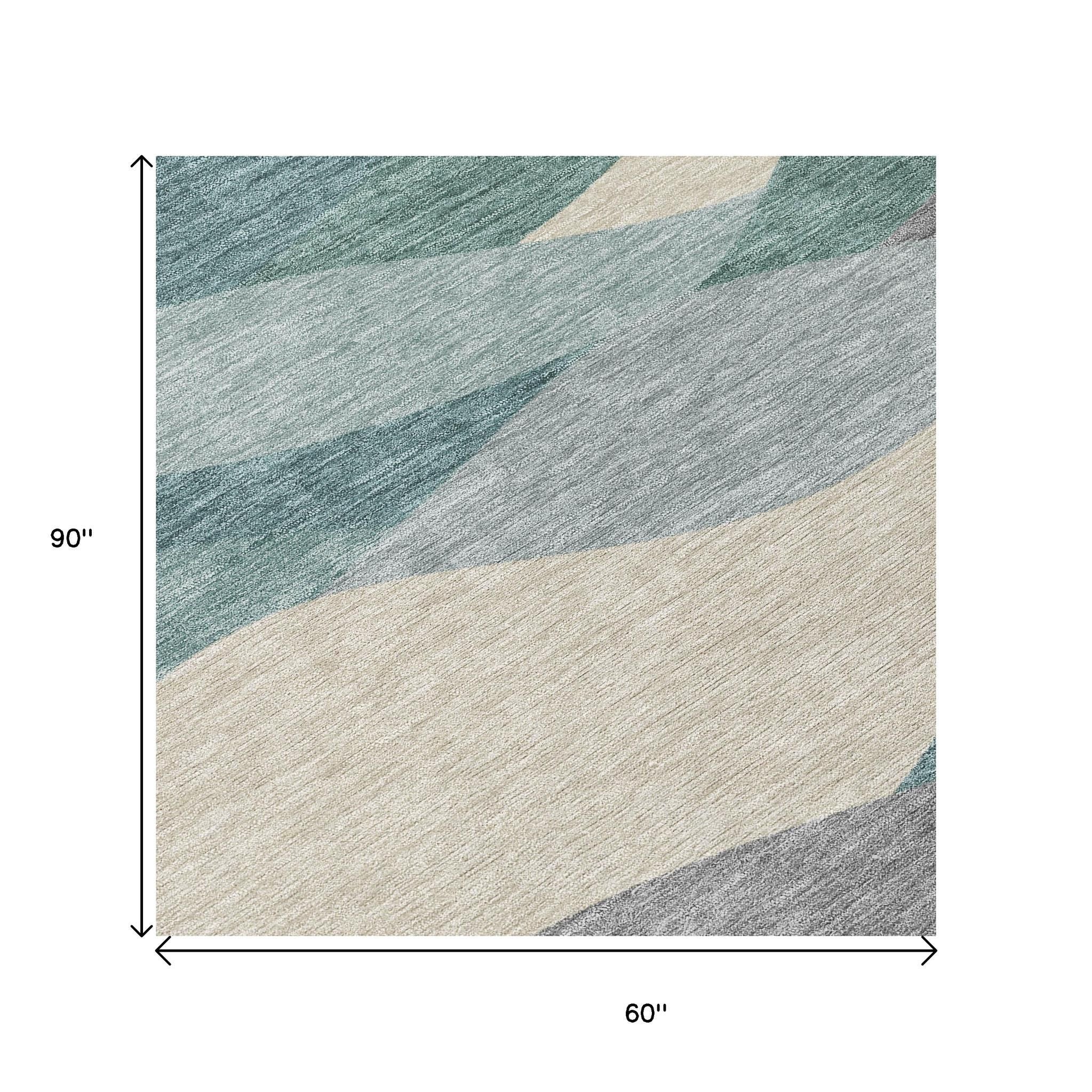 5' X 8' Teal Blue And Gray Abstract Washable Indoor Outdoor Area Rug - Sports & Outdoor