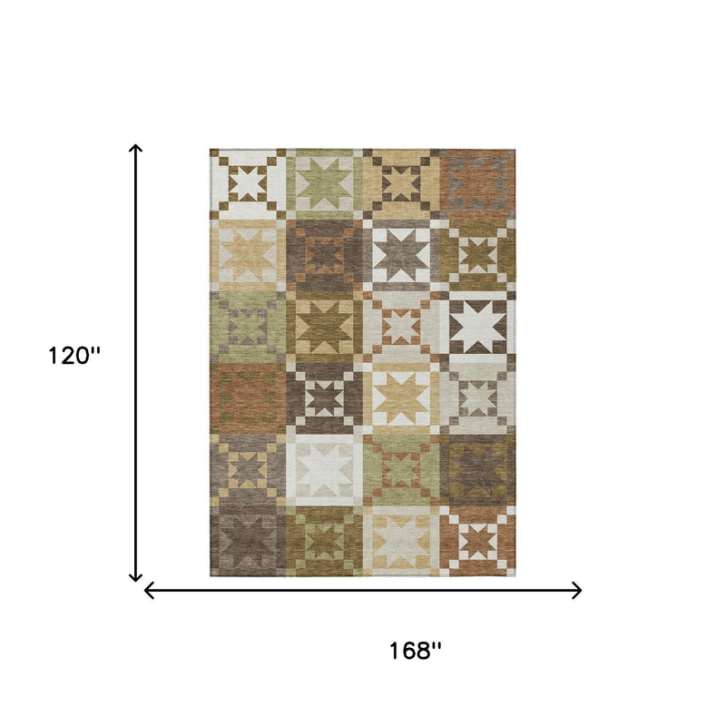 Patchwork geometric area rug, 168 in wide x 120 in high, with stars and blocks