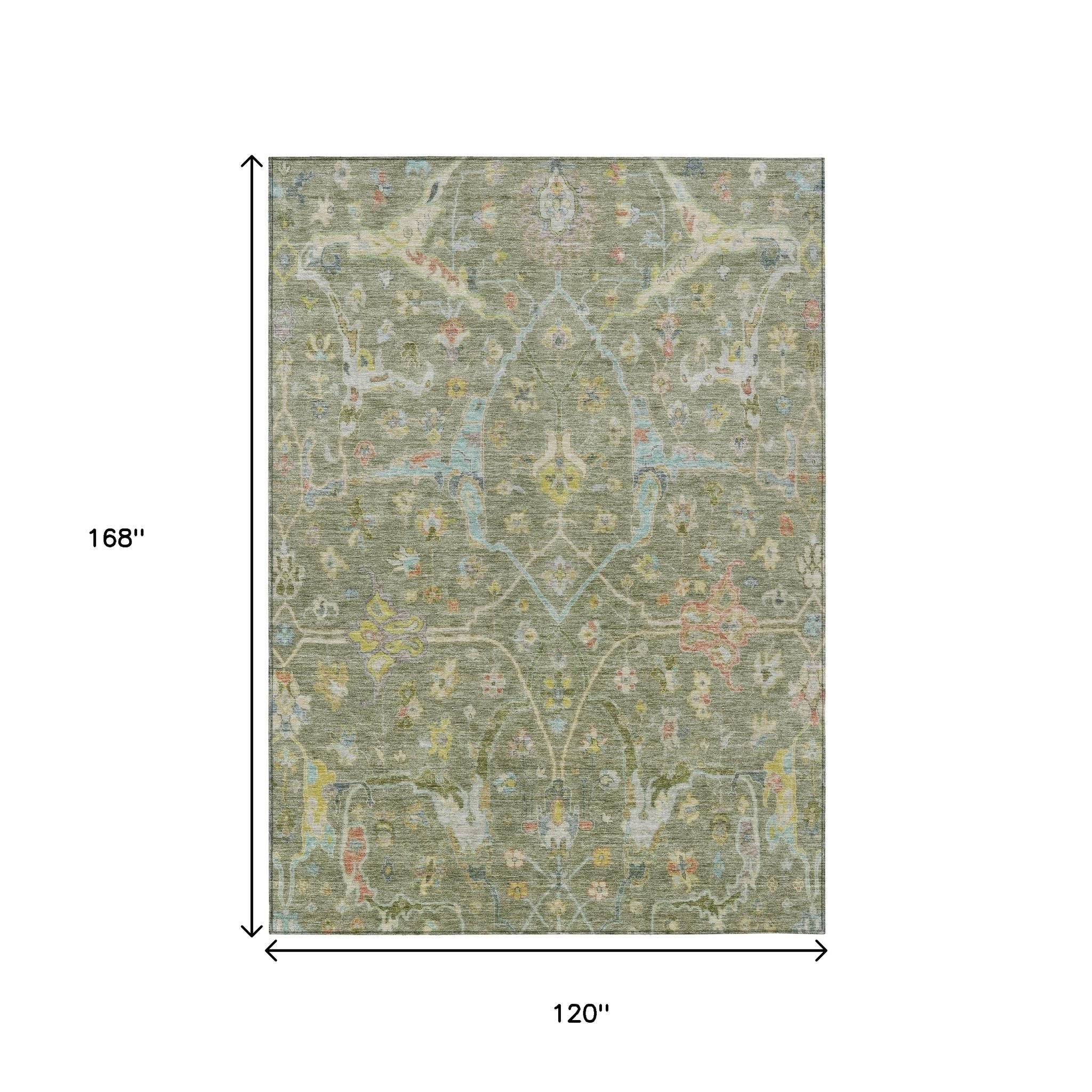 10' X 14' Artichoke Green Gold And Copper Floral Washable Indoor Outdoor Area Rug - Sports & Outdoor