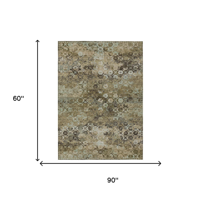 5x8 ft abstract area rug, khaki and olive geometric medallion pattern.