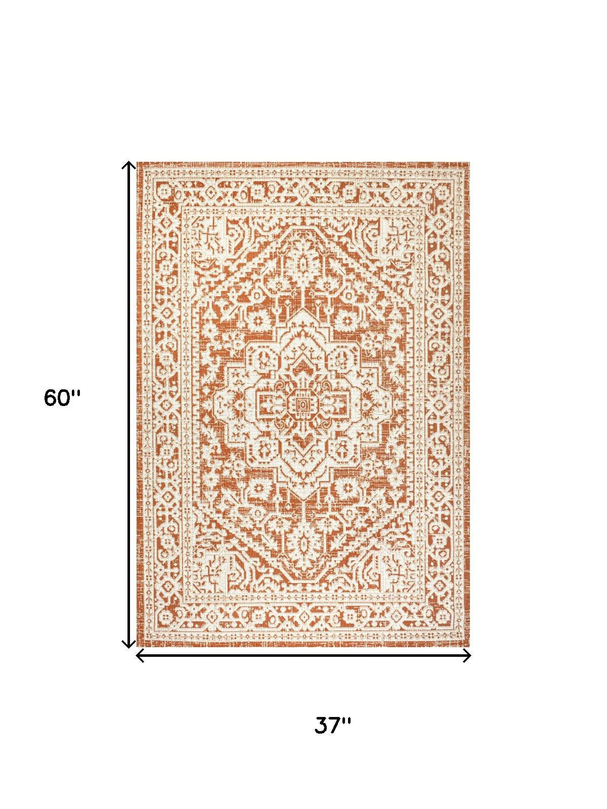 3' X 5' Orange And Cream Medallion Indoor Outdoor Area Rug - Sports & Outdoor