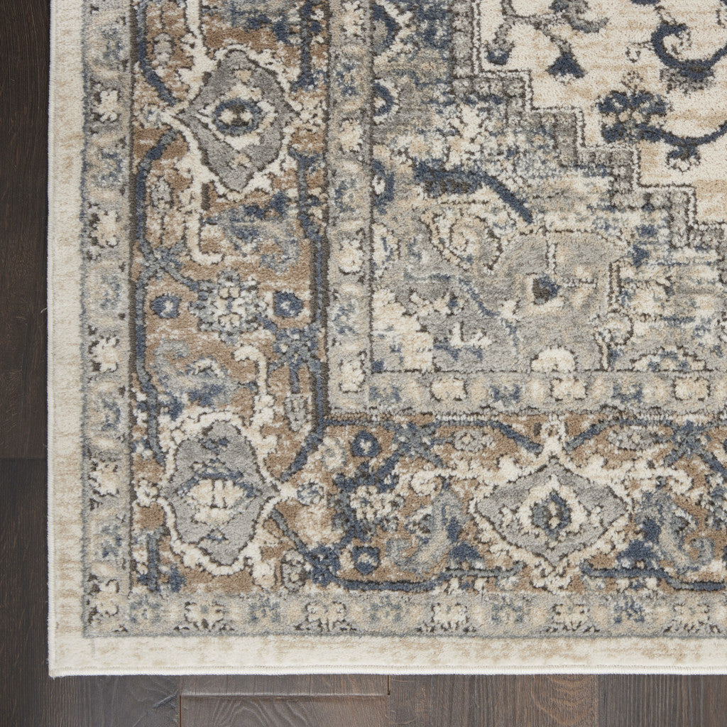 10' Gray and Ivory Square Medallion Power Loom Distressed Area Rug - Home & Garden