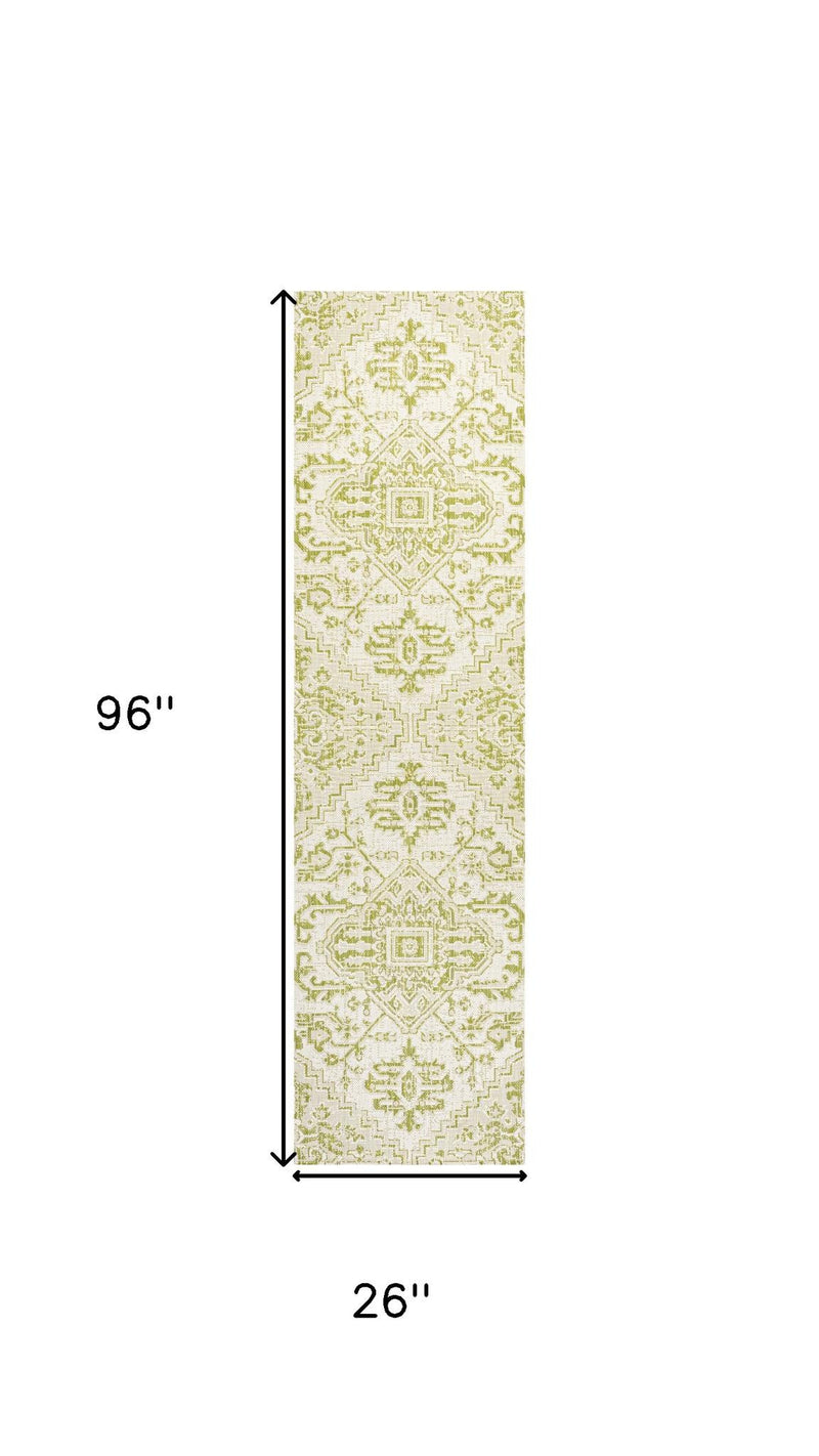 Cream and green medallion runner rug dimensions shown: 96 in by 26 in