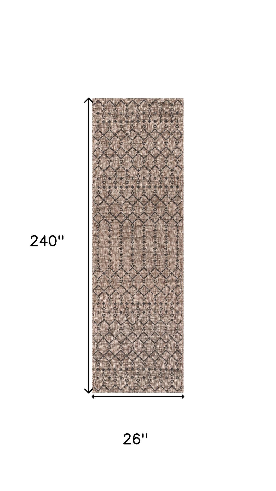 Natural and black trellis runner rug showing dimensions 26 in by 240 in.