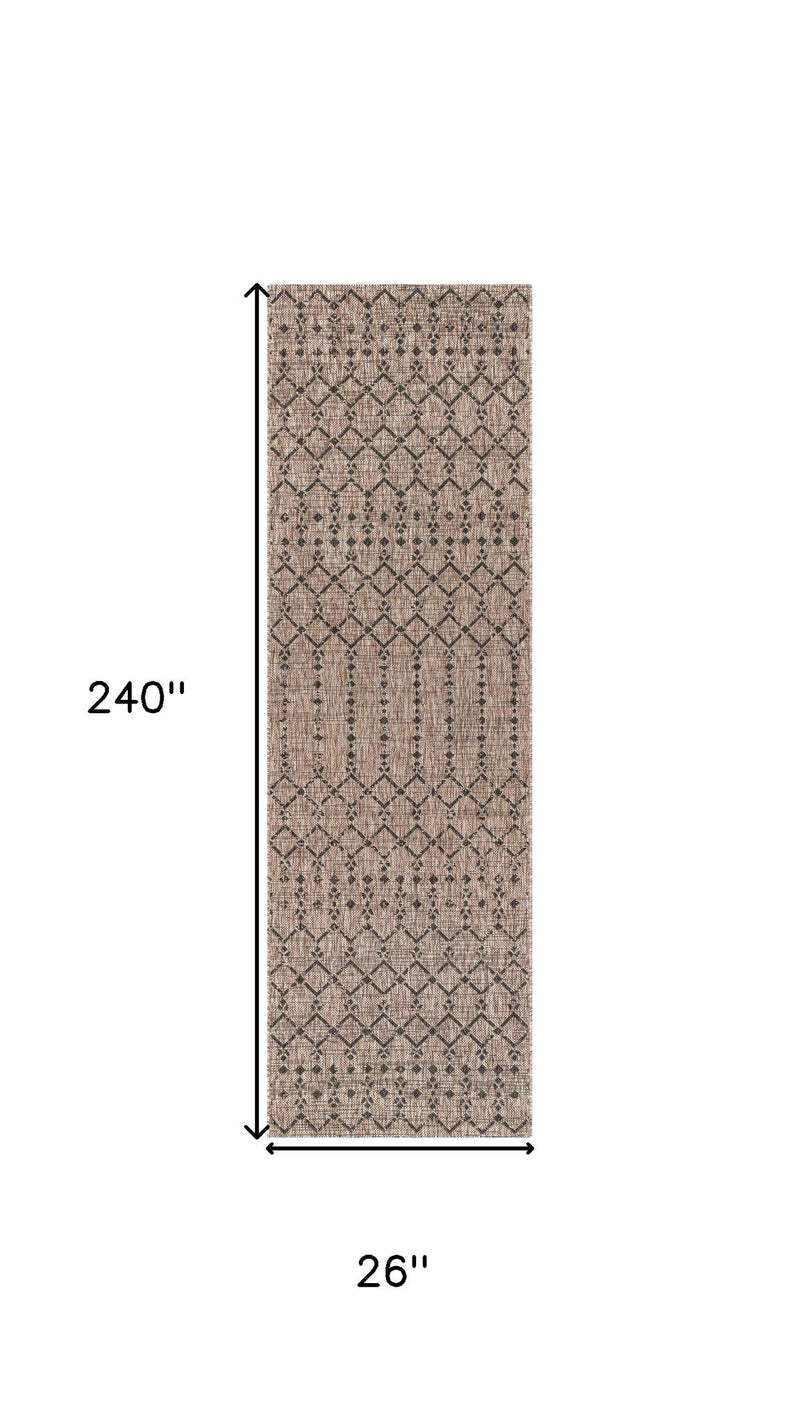 Natural and black trellis runner rug showing dimensions 26 in by 240 in.